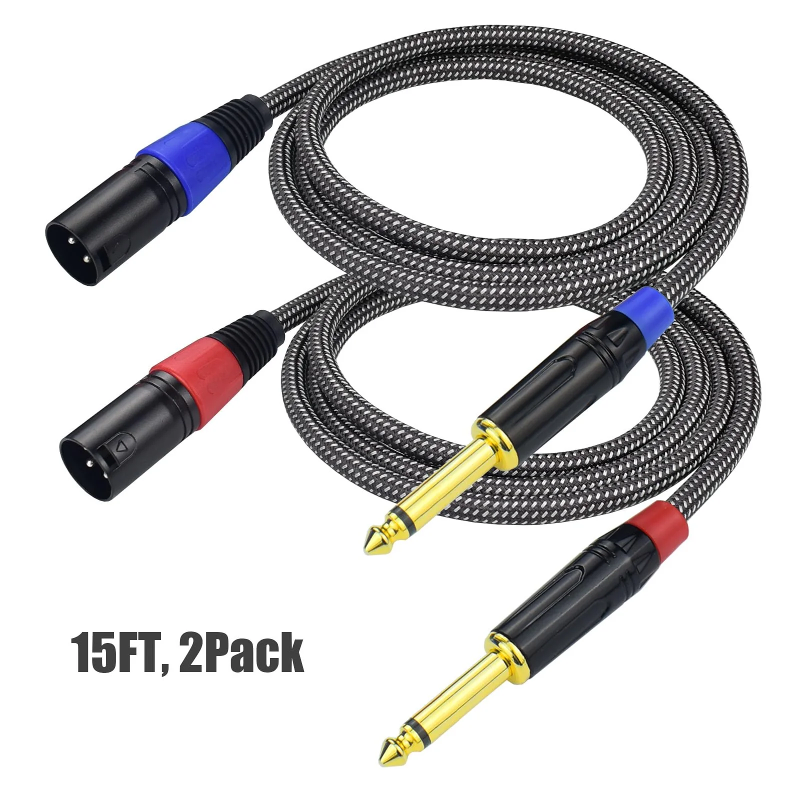 Unbalanced 1/4" TS Mono to XLR Male Microphone Cable, 15Feet 6.35mm Quarter inch to XLR Audio Patch Cord, Nylon Braided Heavy Duty, Copper Shielded Noise Free, for Speaker Mixer - 2Pack 15Feet, 2Pack - Image 2