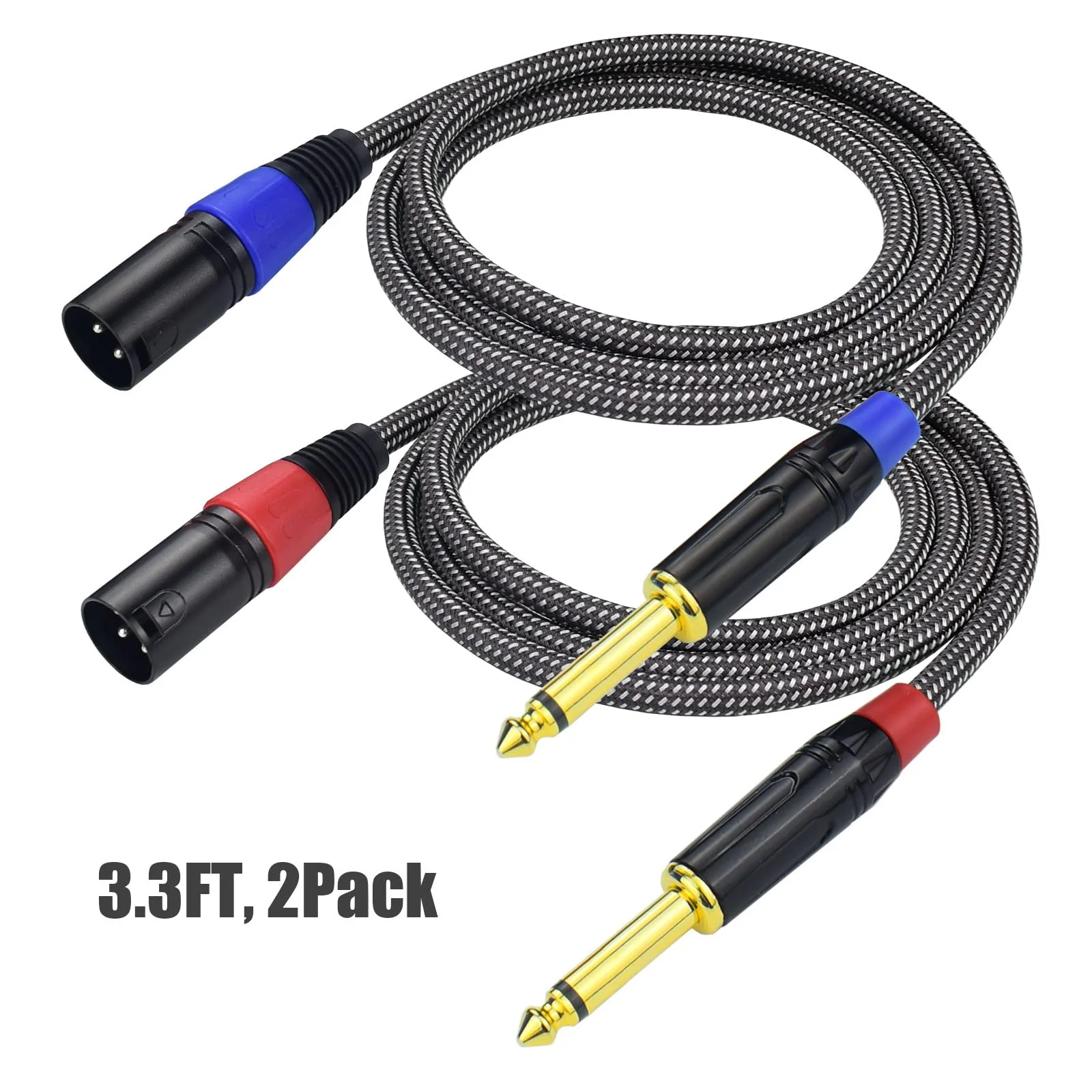 Unbalanced 1/4" TS Mono to XLR Male Microphone Cable, 3.3Feet 6.35mm Quarter inch to XLR Audio Patch Cord, Nylon Braided Heavy Duty, Copper Shielded Noise Free, for Speaker Mixer - 2Pack 3.3Feet, 2Pack - Image 2