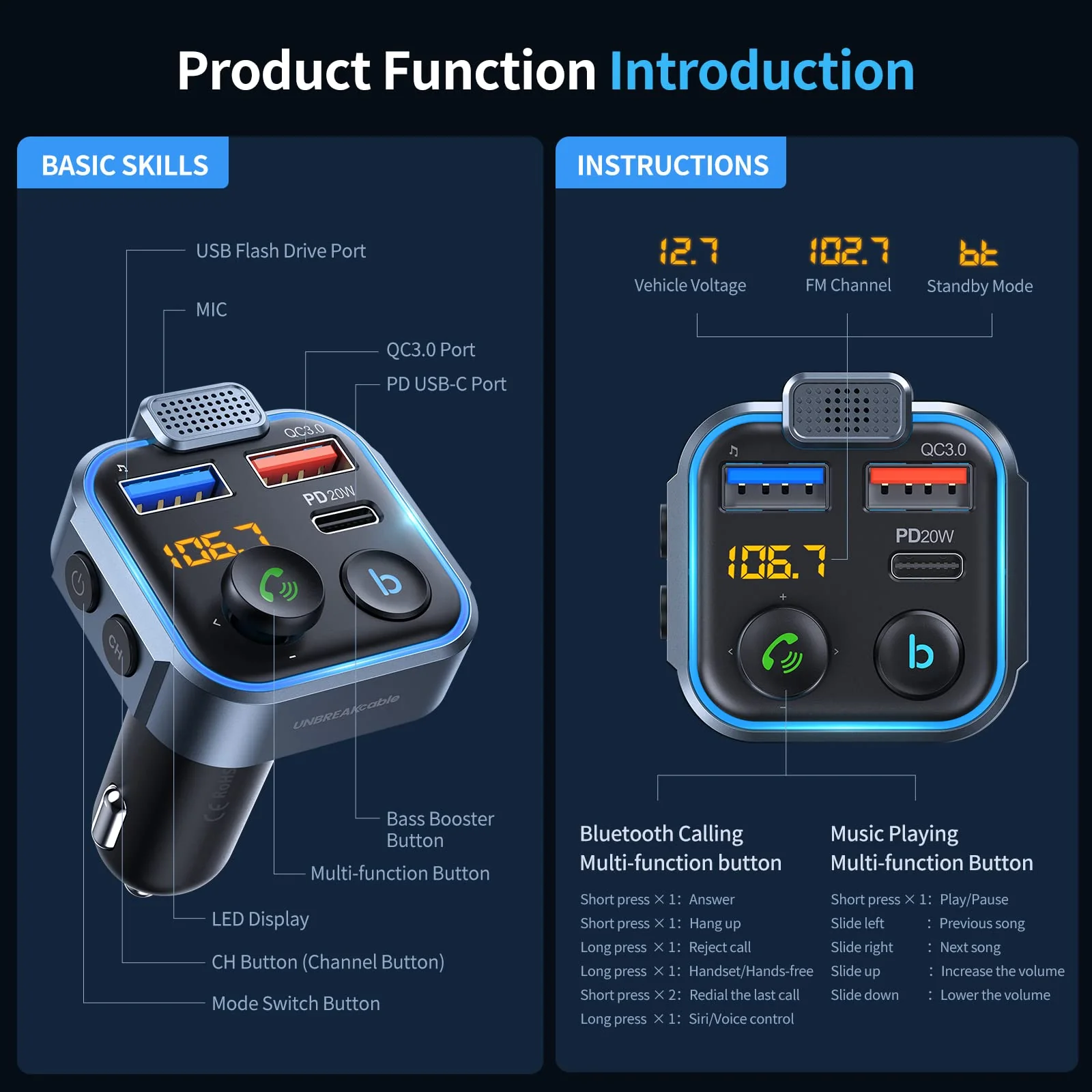 UNBREAKcable Bluetooth 5.3 FM Transmitter for Car, [PD 20W + QC 3.0] [Stronger Microphone & HiFi Bass Sound] Cigarette Lighter Radio Music Adapter Charger, Supports Hands-Free Siri Google Assistant Blue - Image 4