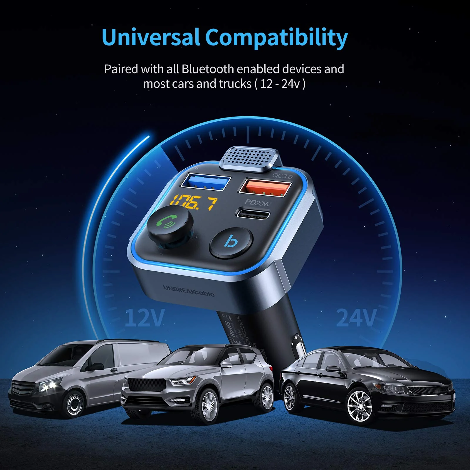 UNBREAKcable Bluetooth 5.3 FM Transmitter for Car, [PD 20W + QC 3.0] [Stronger Microphone & HiFi Bass Sound] Cigarette Lighter Radio Music Adapter Charger, Supports Hands-Free Siri Google Assistant Blue - Image 5