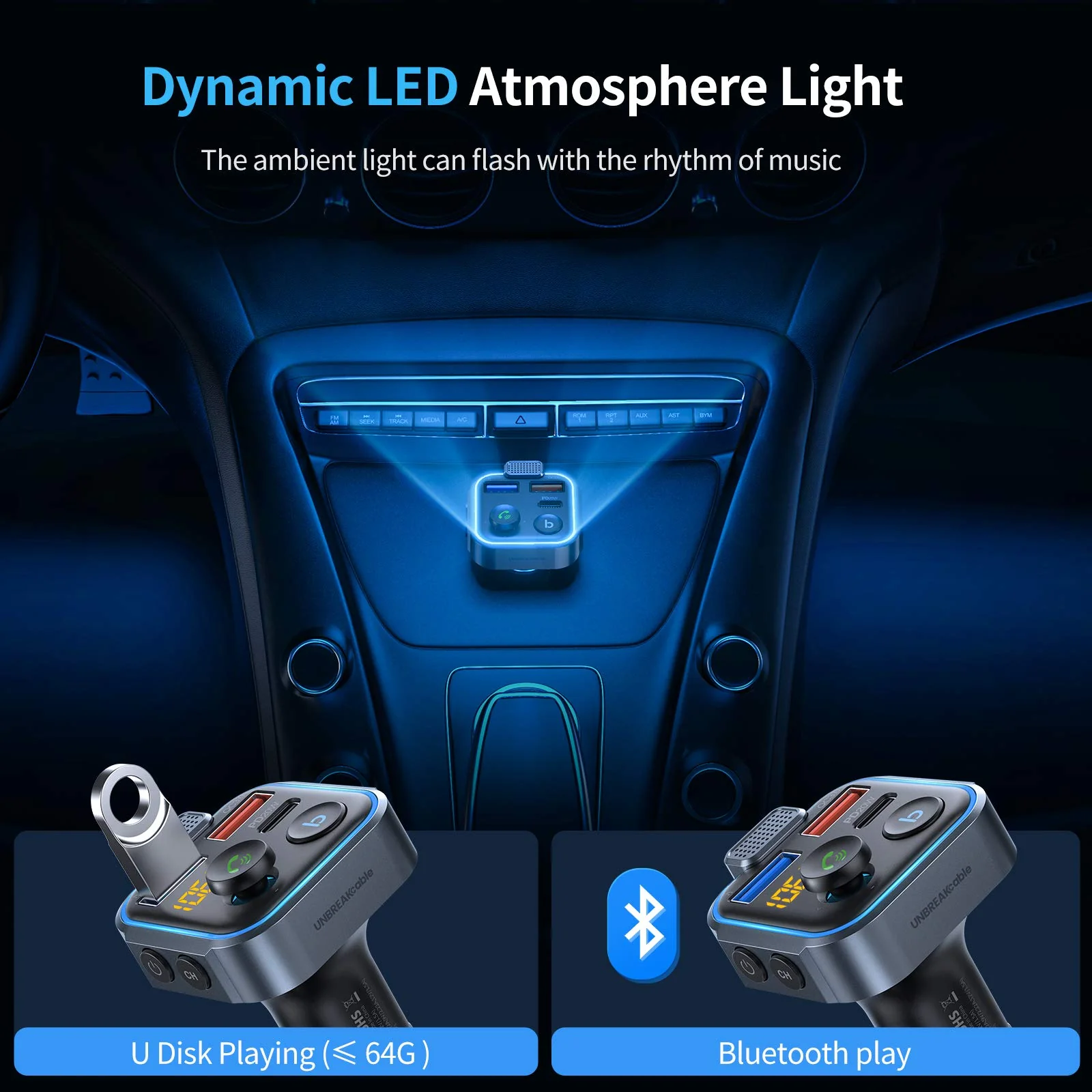 UNBREAKcable Bluetooth 5.3 FM Transmitter for Car, [PD 20W + QC 3.0] [Stronger Microphone & HiFi Bass Sound] Cigarette Lighter Radio Music Adapter Charger, Supports Hands-Free Siri Google Assistant Blue - Image 6