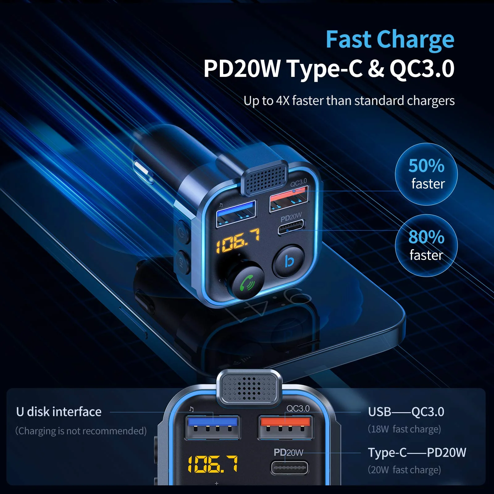 UNBREAKcable Bluetooth 5.3 FM Transmitter for Car, [PD 20W + QC 3.0] [Stronger Microphone & HiFi Bass Sound] Cigarette Lighter Radio Music Adapter Charger, Supports Hands-Free Siri Google Assistant Blue - Image 7