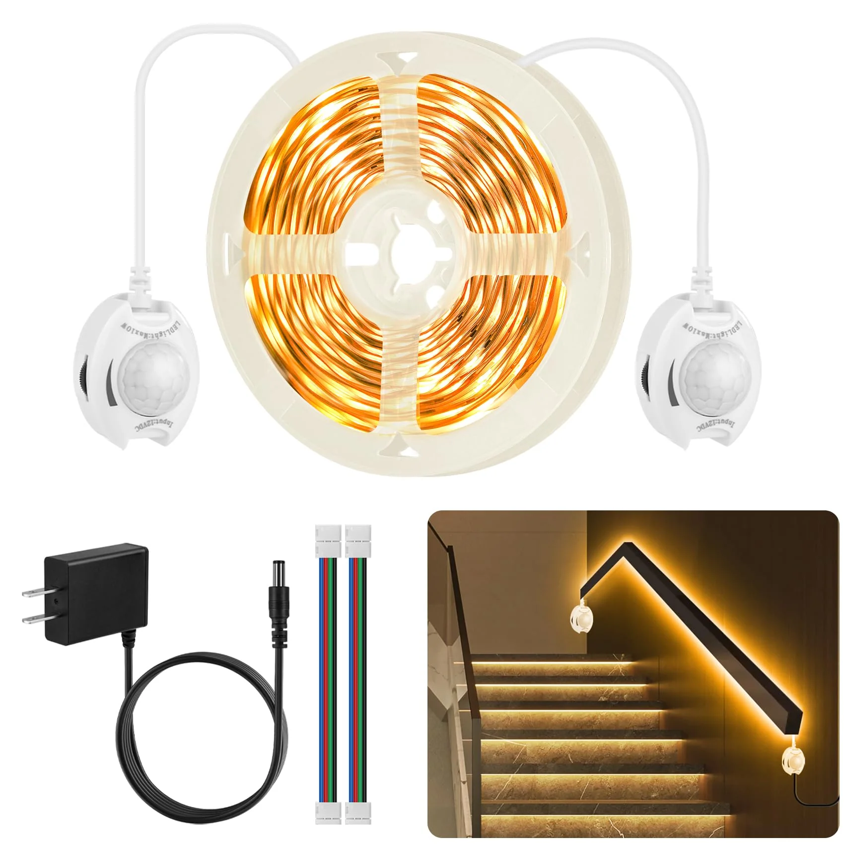 Under Bed Lights Dual Motion Sensor Light Indoor, 19.69Ft Warm White Motion Activated LED Strip Lights Two End Sensor, 12V Dimmable Motion Sensor LED Strip Night Light for Bedside Cabinet Stair Closet