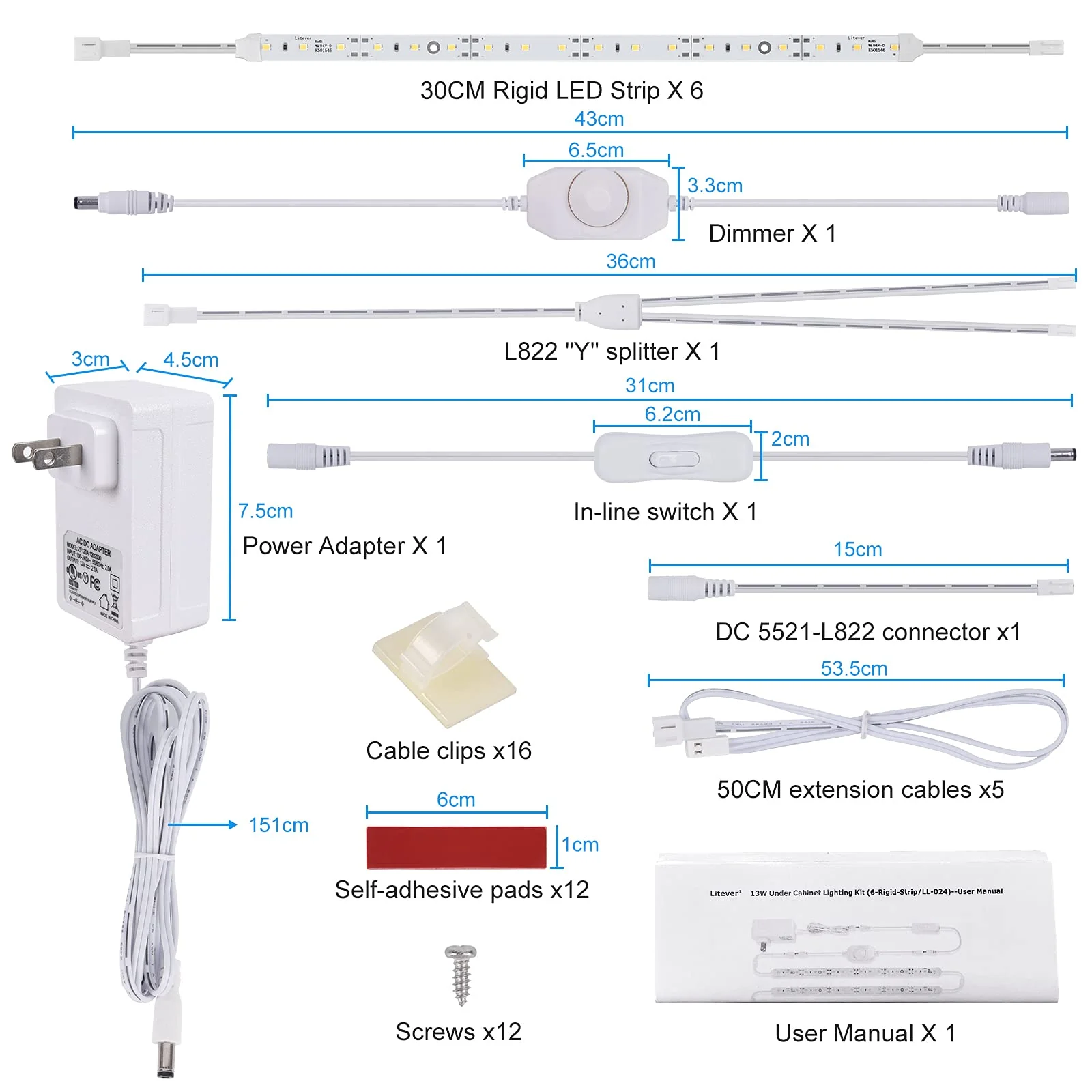 Under Cabinet LED Lighting Kit for Kitchen Cabinets Counter Shelf Bookcase Closet. 6 PCS 12 Inches LED Light Strip with Adapter Switch Dimmer Extension Cable. Plug in. Dimmable. Daylight White 5000K. Daylight 5000K - Image 3