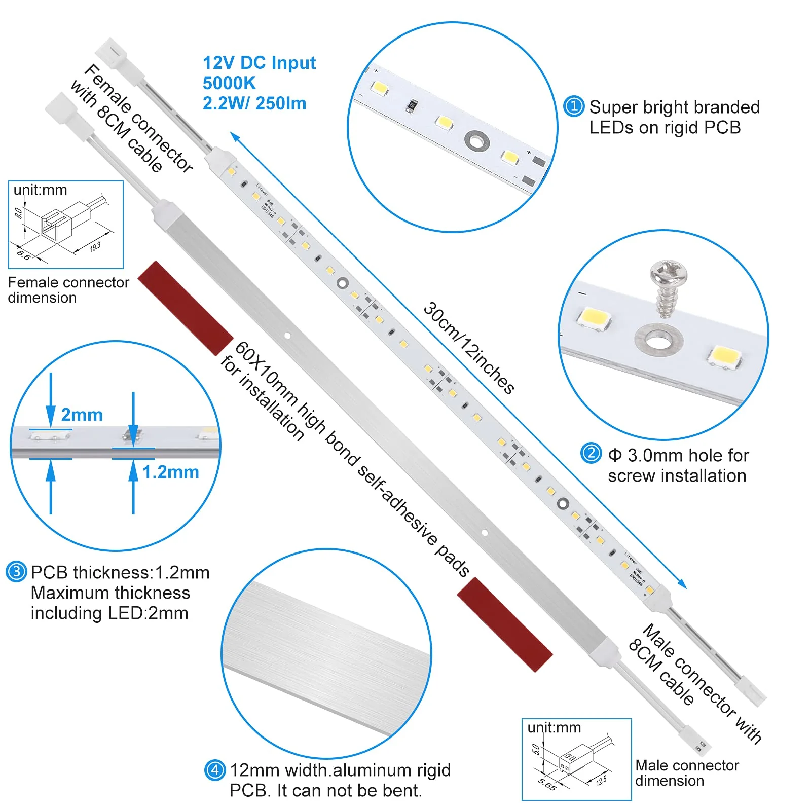 Under Cabinet LED Lighting Kit for Kitchen Cabinets Counter Shelf Bookcase Closet. 6 PCS 12 Inches LED Light Strip with Adapter Switch Dimmer Extension Cable. Plug in. Dimmable. Daylight White 5000K. Daylight 5000K - Image 5