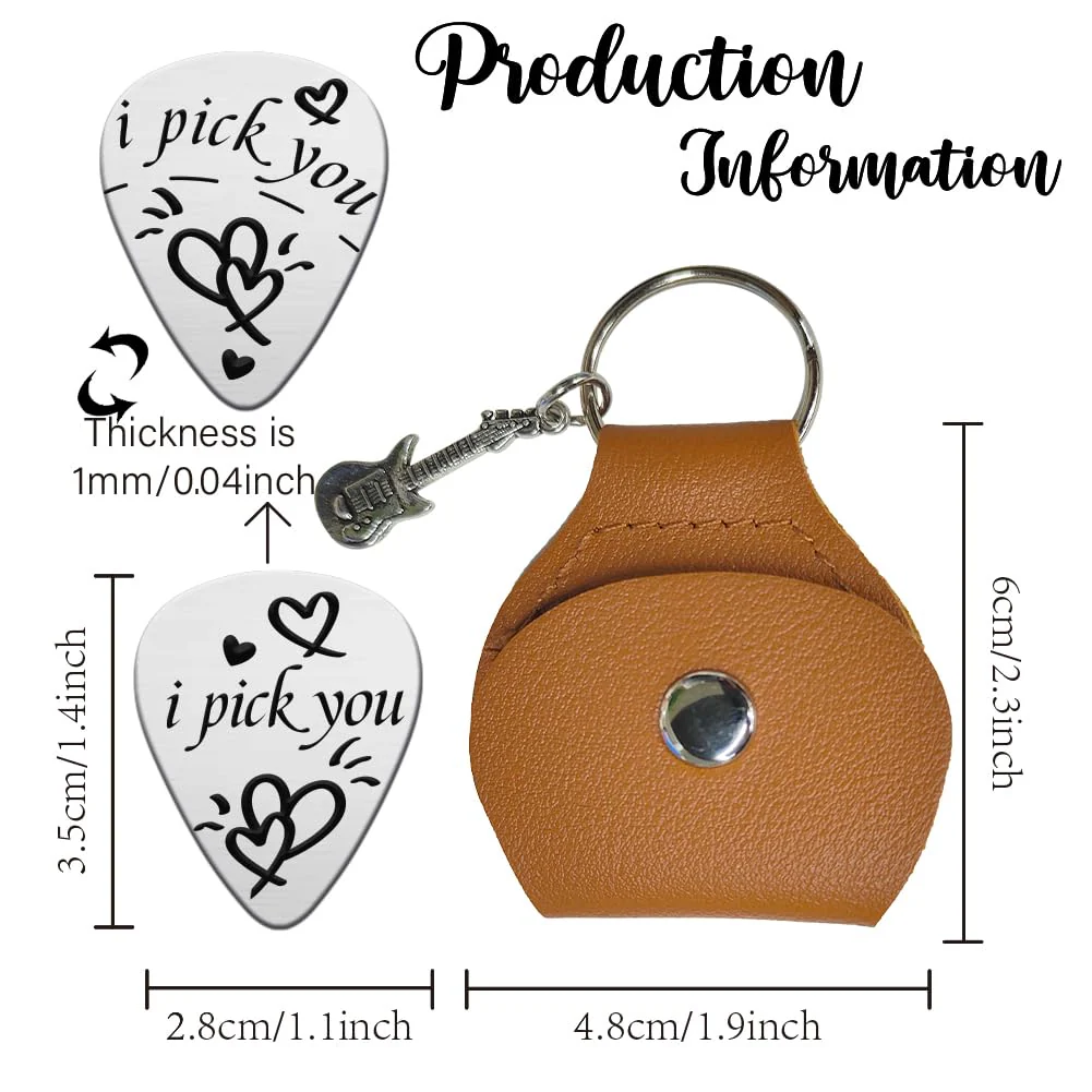 UNICRAFTALE I Pick You Double Side Guitar Picks Plectrum Guitar Set with Heart 1PC Stainless Steel Guitar Pick Keychain with Brown Leather Case Guitar Picks Gifts for Guitar Musician Boyfriend - Image 3