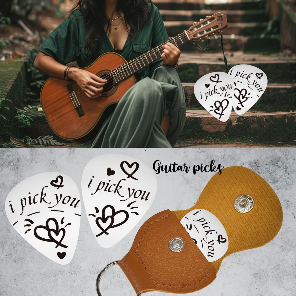 UNICRAFTALE I Pick You Double Side Guitar Picks Plectrum Guitar Set with Heart 1PC Stainless Steel Guitar Pick Keychain with Brown Leather Case Guitar Picks Gifts for Guitar Musician Boyfriend - Image 6