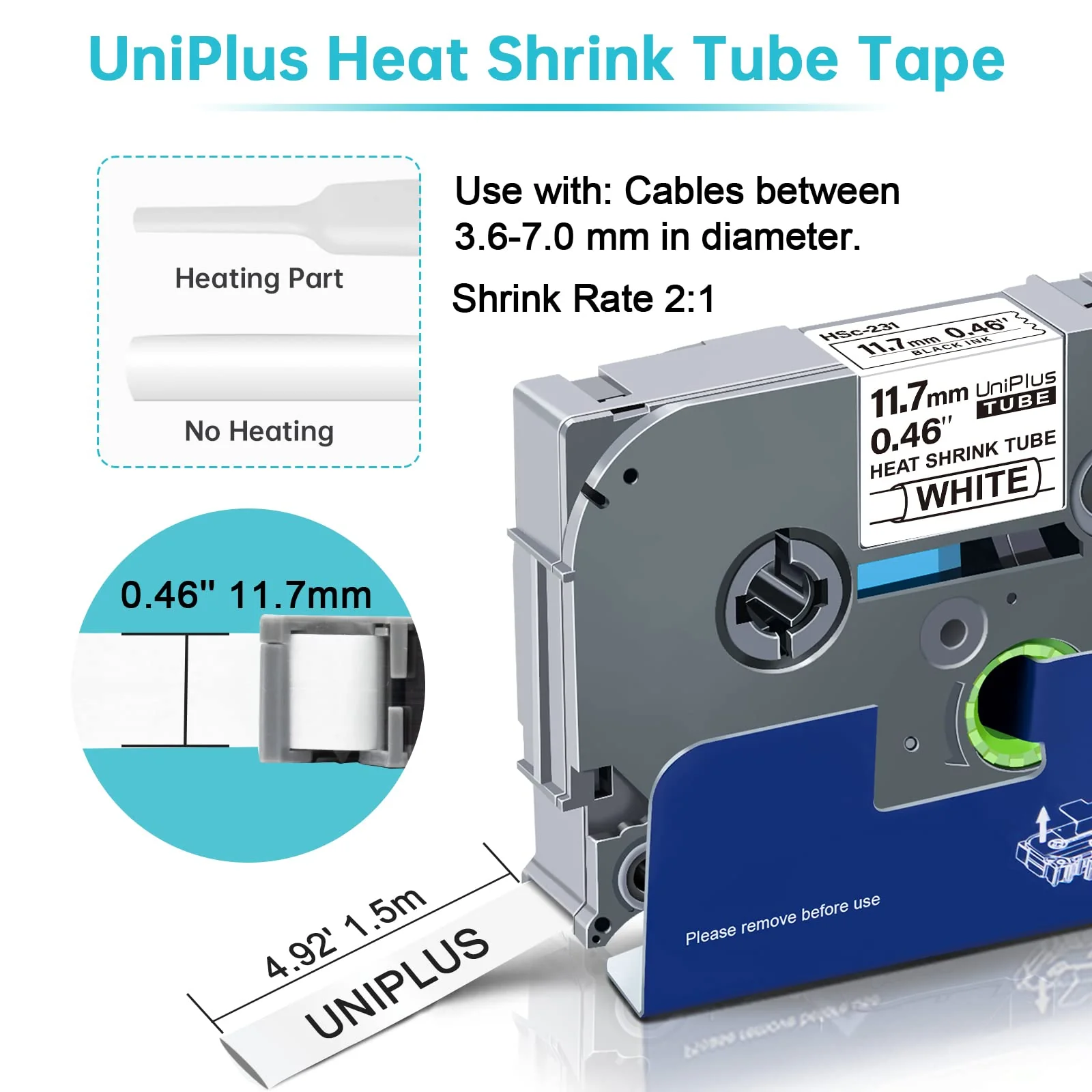 UniPlus 3 x Compatible Heat Shrink Tube Replacement for Brother Hse-231 Hse231 Label Tape for Brother PT H500 E300VP E500 E550WVP P750WVP P700 E30011, 11.7 mm x 1.5 m, Black on White 11.7mm - Image 2