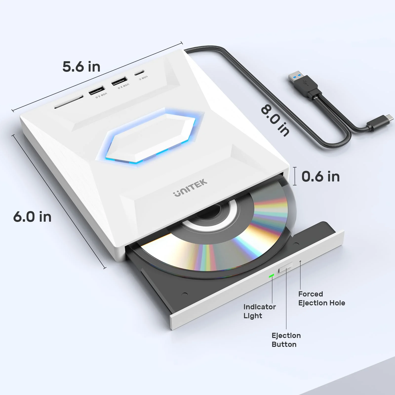Unitek External CD/DVD Drive USB C Portable DVD Player with SD Card Slots 3 USB Ports CD ROM Burner External Disk Drive Optical Compatible with Laptop Desktop Mac Windows 11/10/8/7 Linux 5-IN-1 WHITE - Image 8