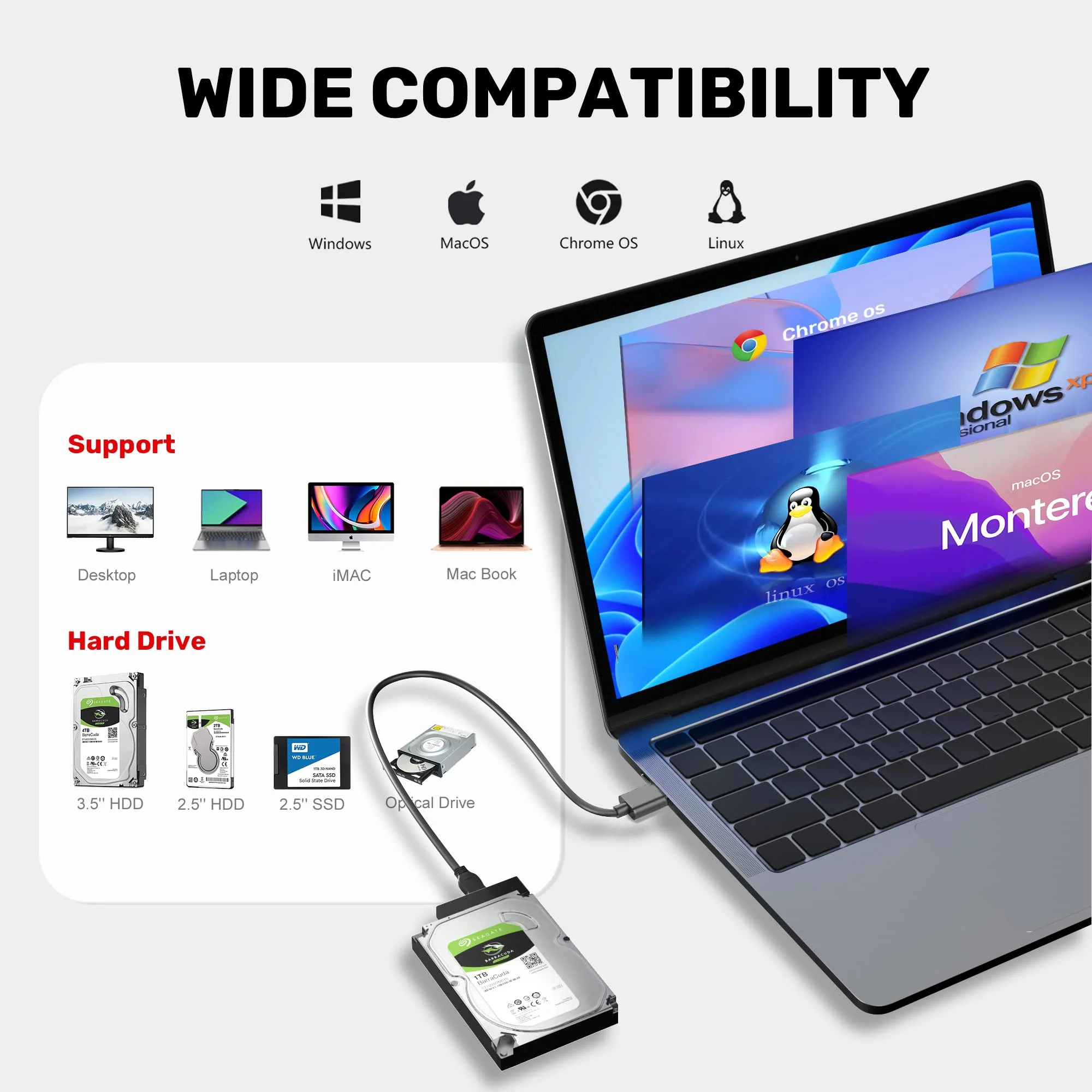 Unitek USB 3.0 to SATA III Hard Drive Adapter External Kit Cable for 2.5 3.5 Inch HDD/SSD Hard Drive Disk, Optical Drive, with 12V/2A Power Adapter, Support UASP USA A to SATA - Image 3