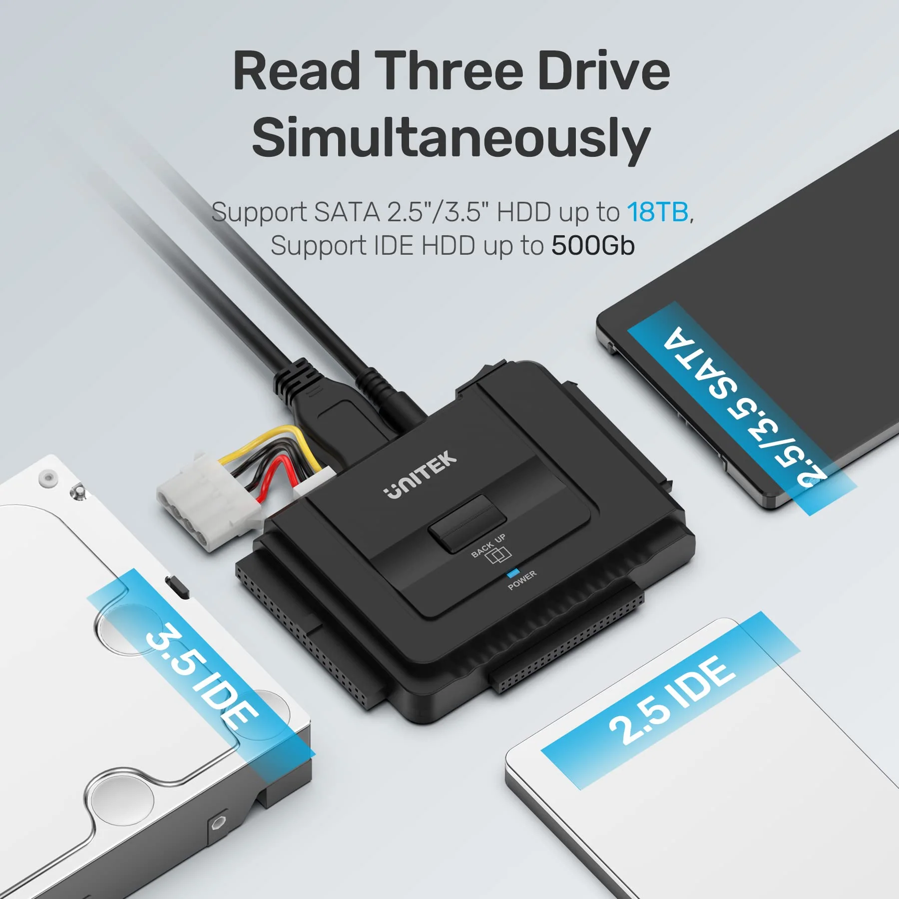 Unitek USB C to IDE and SATA Converter External Hard Drive Adapter Kit for Universal 2.5/3.5 HDD/SSD Hard Drive Disk, One Touch Backup Function, Included 12V/2A Power Adapter Type-C Hard Drive Adapter - Image 2