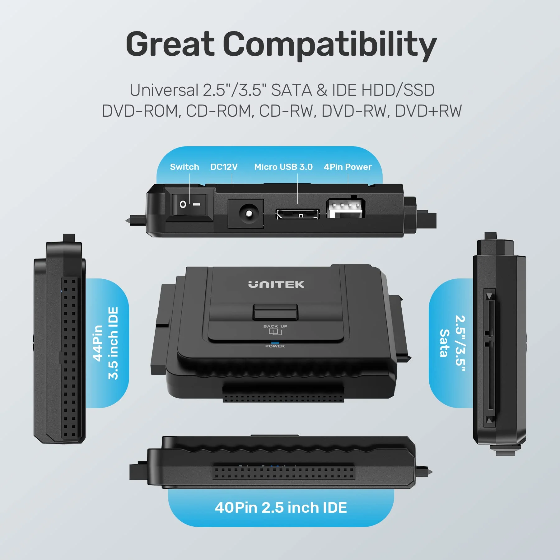 Unitek USB C to IDE and SATA Converter External Hard Drive Adapter Kit for Universal 2.5/3.5 HDD/SSD Hard Drive Disk, One Touch Backup Function, Included 12V/2A Power Adapter Type-C Hard Drive Adapter - Image 4