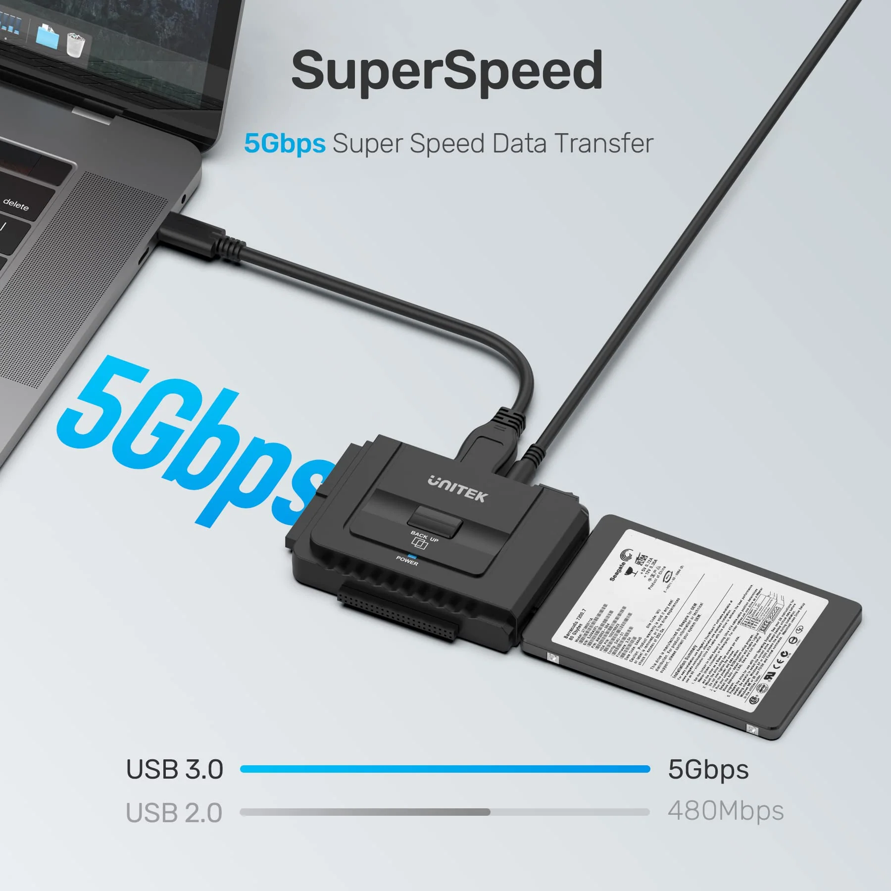 Unitek USB C to IDE and SATA Converter External Hard Drive Adapter Kit for Universal 2.5/3.5 HDD/SSD Hard Drive Disk, One Touch Backup Function, Included 12V/2A Power Adapter Type-C Hard Drive Adapter - Image 5