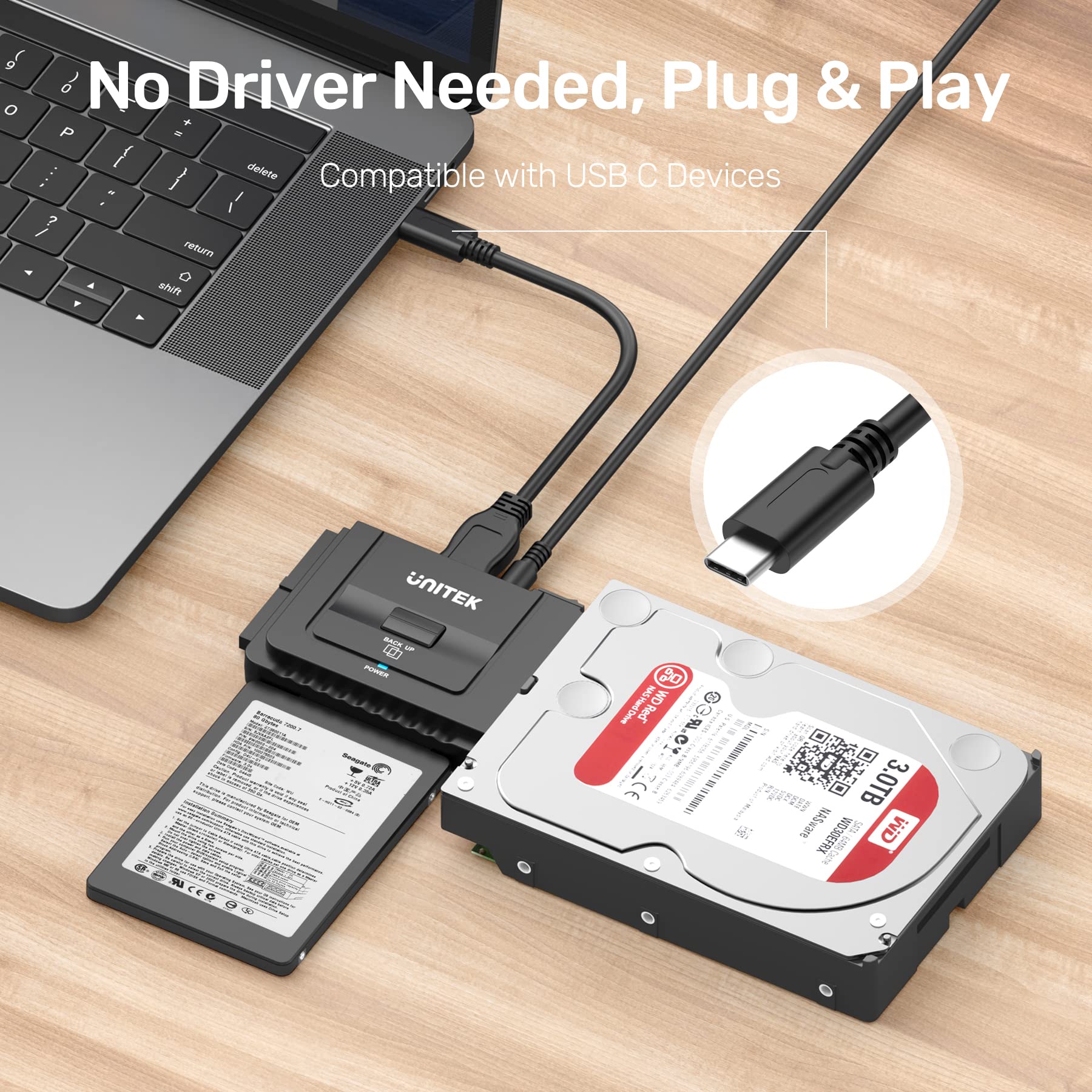Unitek USB C to IDE and SATA Converter External Hard Drive Adapter Kit for Universal 2.5/3.5 HDD/SSD Hard Drive Disk, One Touch Backup Function, Included 12V/2A Power Adapter Type-C Hard Drive Adapter - Image 7
