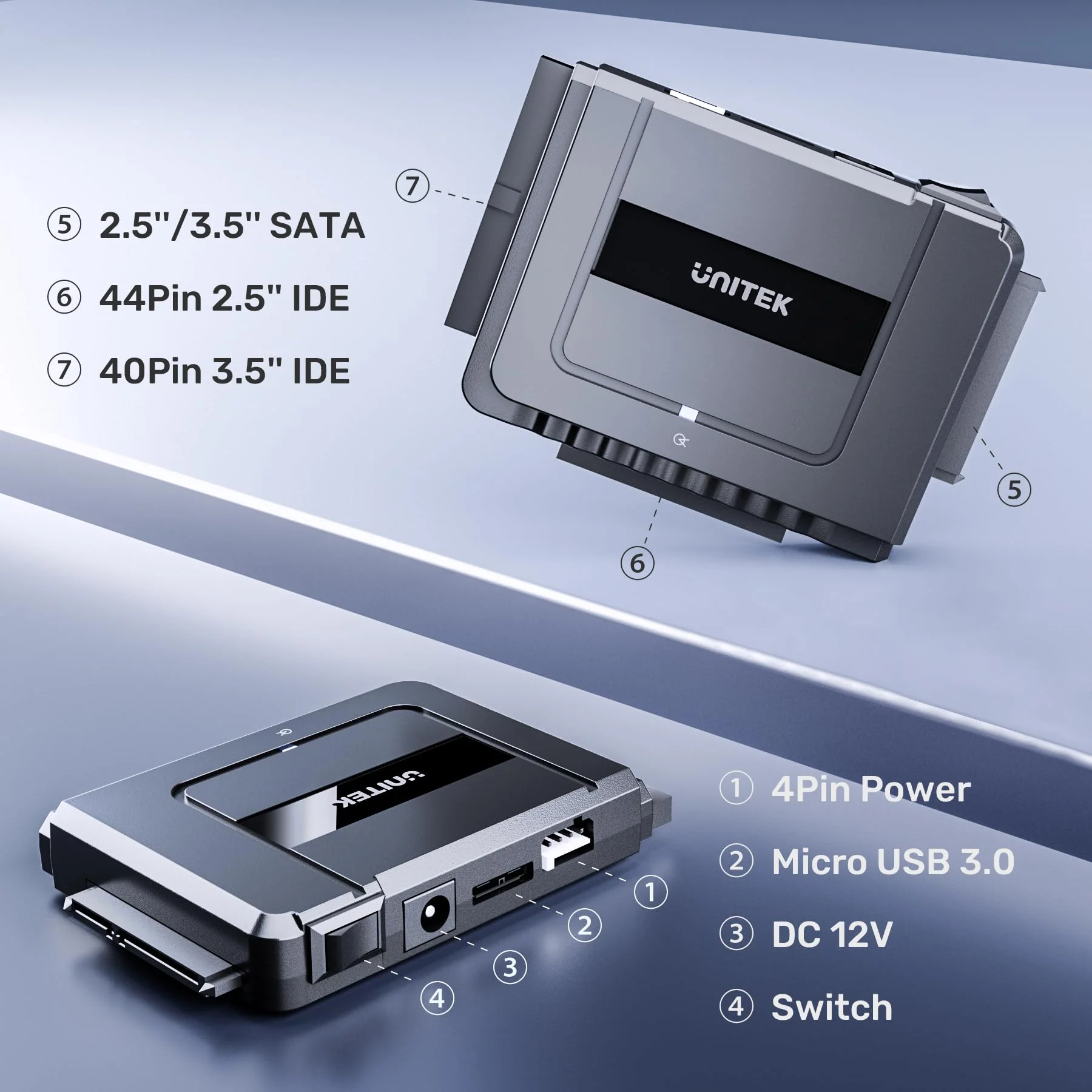 Unitek USB C to SATA 6Gbps IDE Adapter External Hard Drive Adapter Converter Kit for Universal 2.5/3.5 inch HDD/SSD Hard Drive Disk, DVD-ROM/CD-ROM/CD-RW, with USB A Connector & 12V/2A Power Adapter USB C 6Gbps SATA & 5 Gbps IDE - Image 3