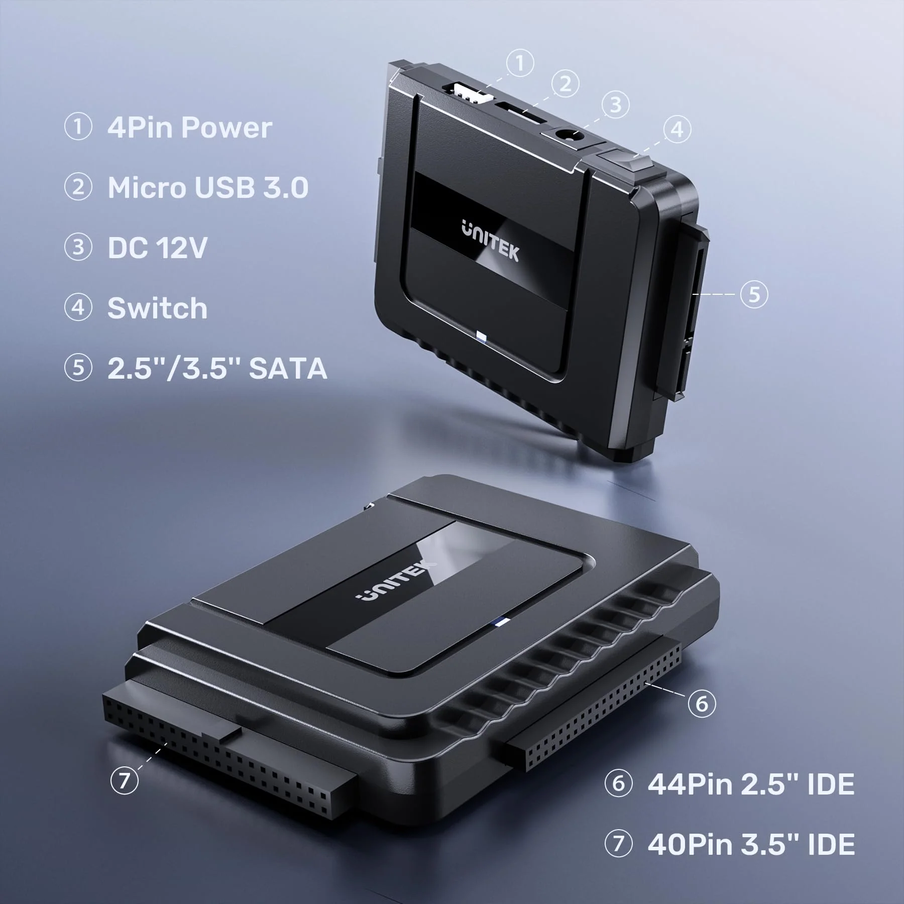 Unitek USB C to SATA IDE Adapter - External Hard Drive Adapter Converter Kit for Universal 2.5/3.5 inch HDD/SSD Hard Drive Disk, DVD-ROM/CD-ROM/CD-RW, with USB A Connector & 12V/2A Power Adapter - Image 3