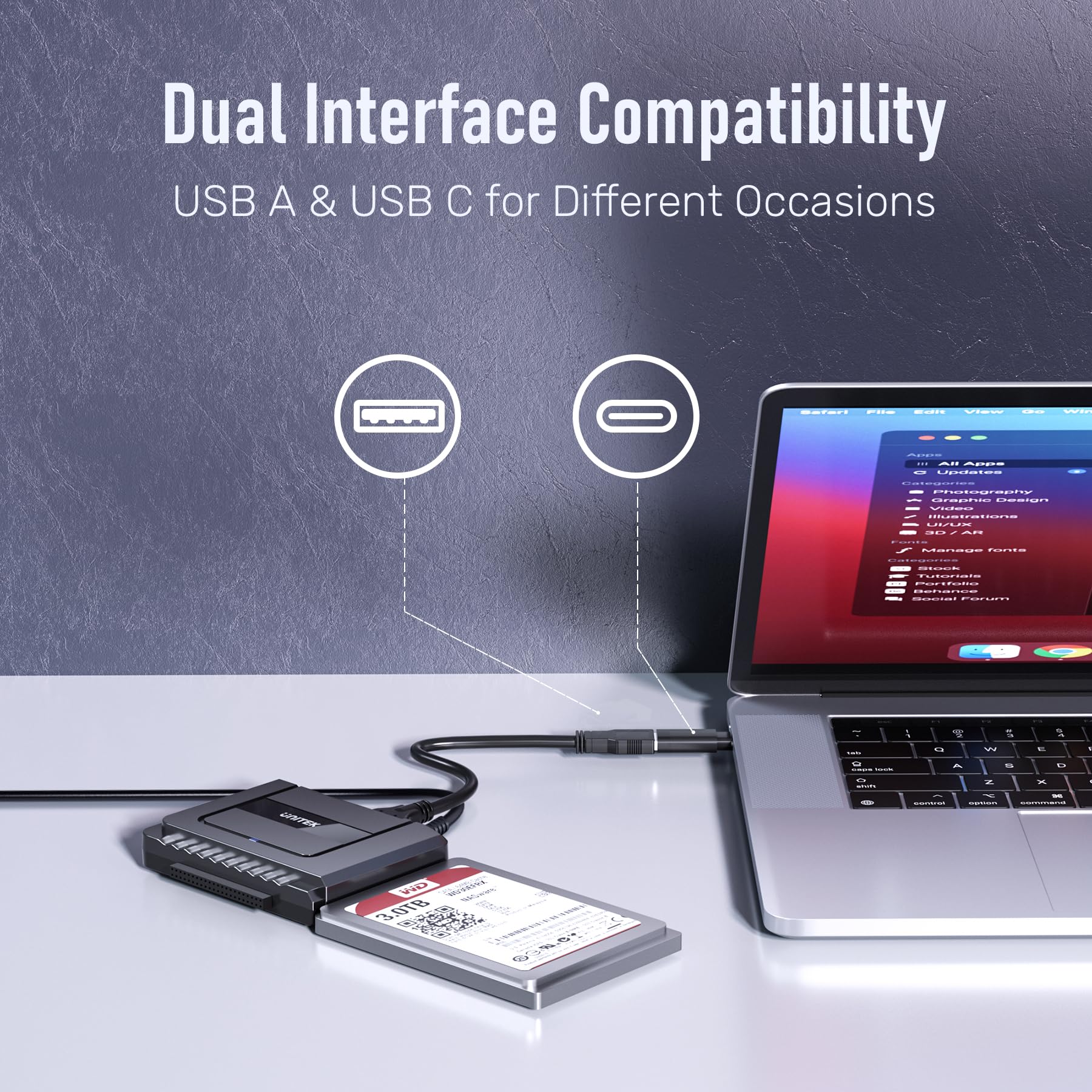 Unitek USB C to SATA IDE Adapter - External Hard Drive Adapter Converter Kit for Universal 2.5/3.5 inch HDD/SSD Hard Drive Disk, DVD-ROM/CD-ROM/CD-RW, with USB A Connector & 12V/2A Power Adapter - Image 4