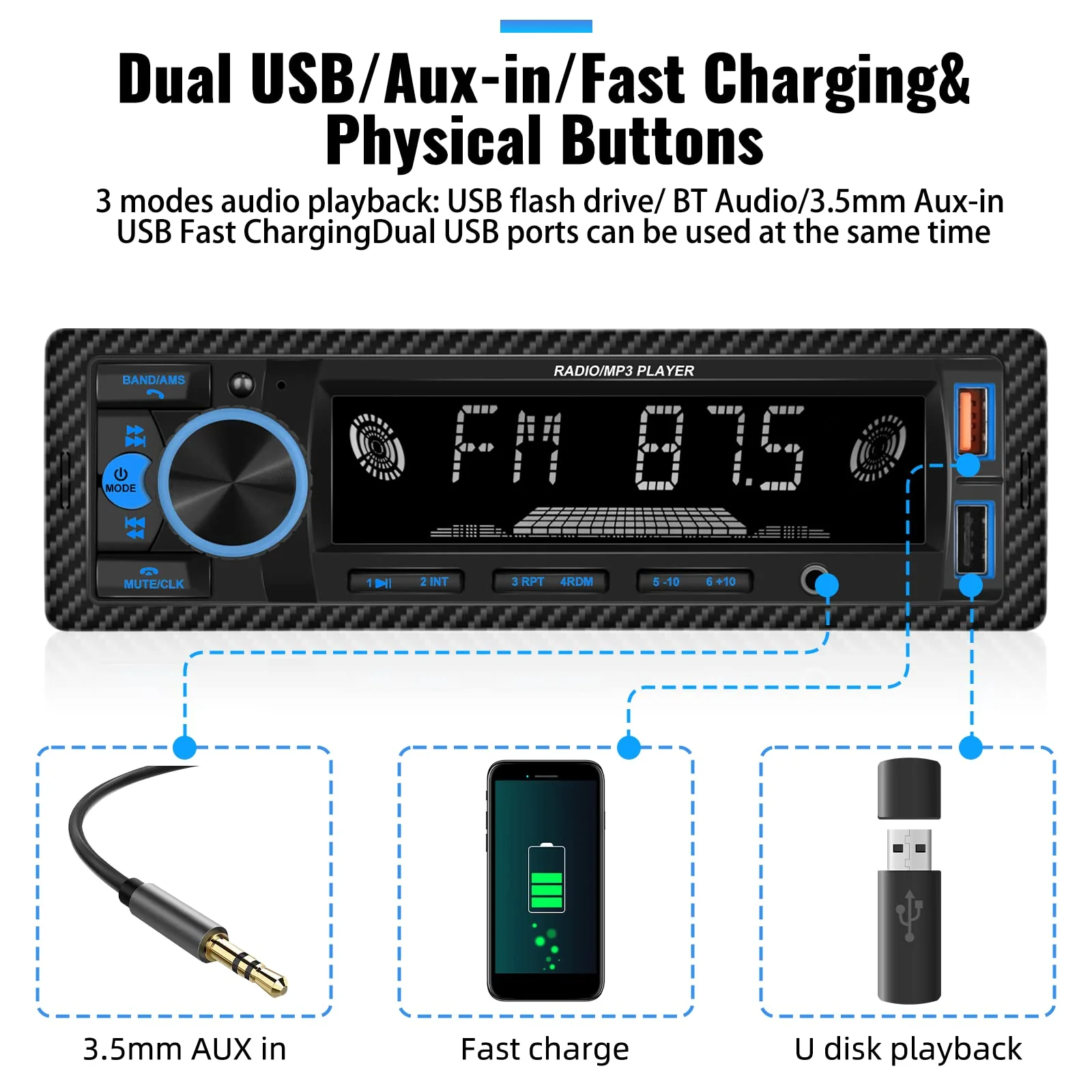 UNITOPSCI Single Din Bluetooth Multimedia Car Stereo Radio Bluetooth Hands-Free Calling Audio Receiver FM Radio Car MP3 Player AUX in/Dual USB Port Digital Media, Fast Charging LCD Digital Radio 1 Din MP3 Player - Image 4