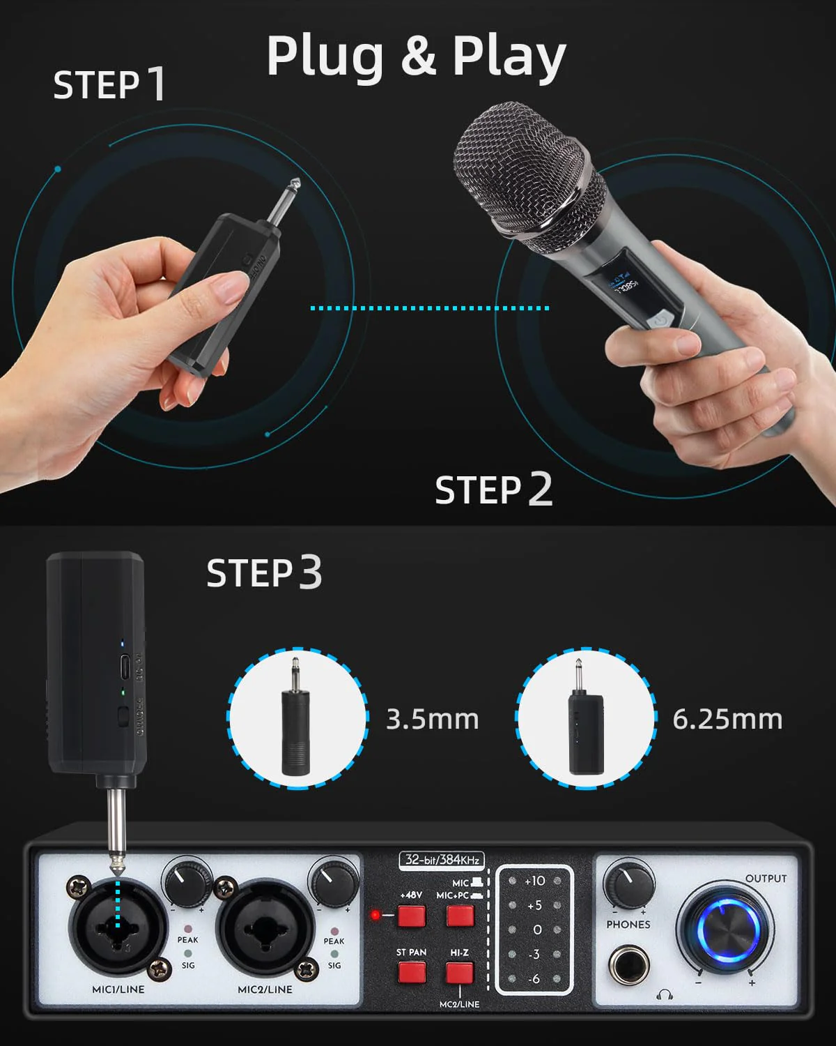 Unitrile for Sing, Play, and Activities, 2.4GHz Hi-Rise Wind with Rechargeable Receiver, 200 Feet Gold Mist 2 Pieces for Karaoke, Pa System (Black) Black - Image 4