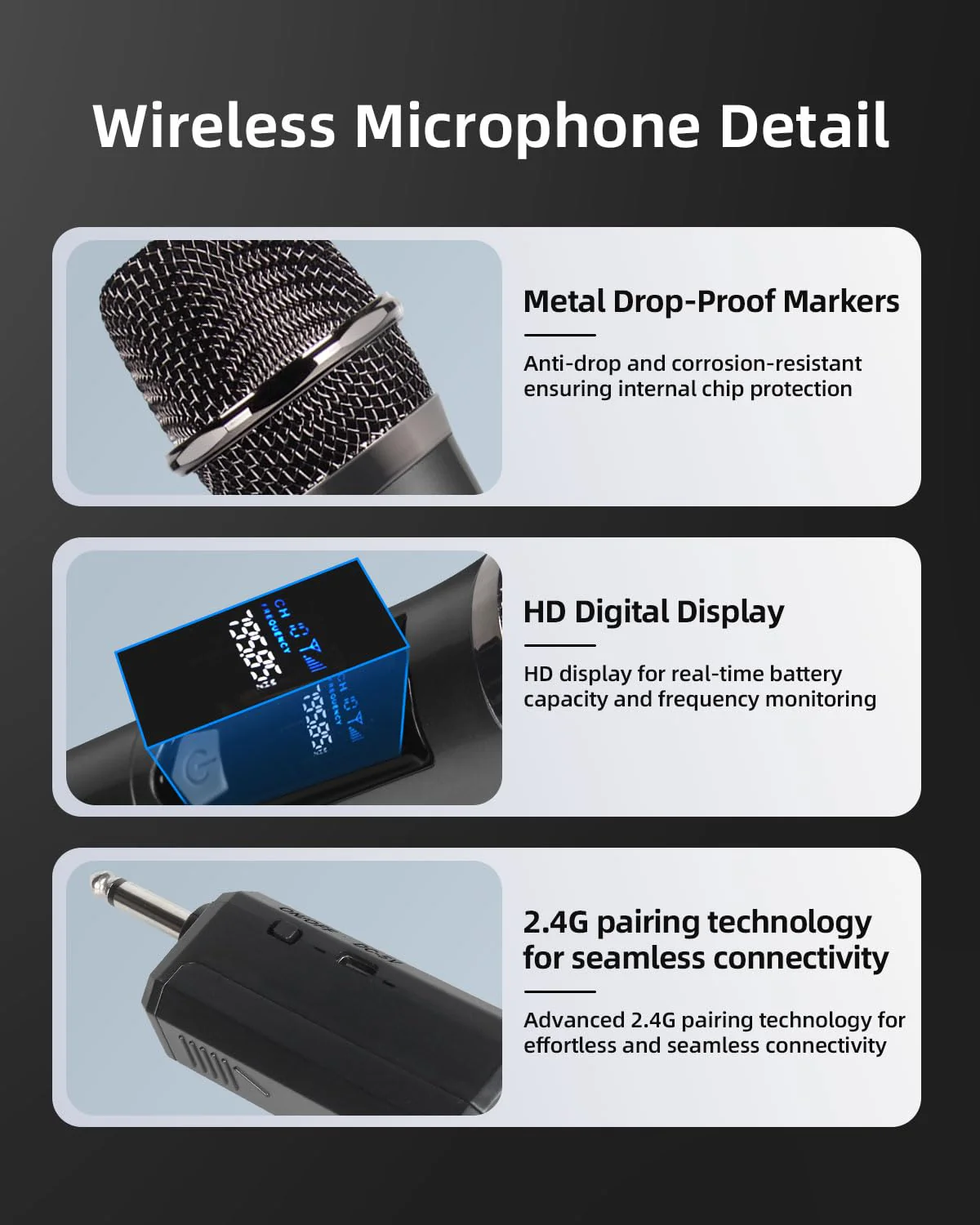 Unitrile for Sing, Play, and Activities, 2.4GHz Hi-Rise Wind with Rechargeable Receiver, 200 Feet Gold Mist 2 Pieces for Karaoke, Pa System (Black) Black - Image 5