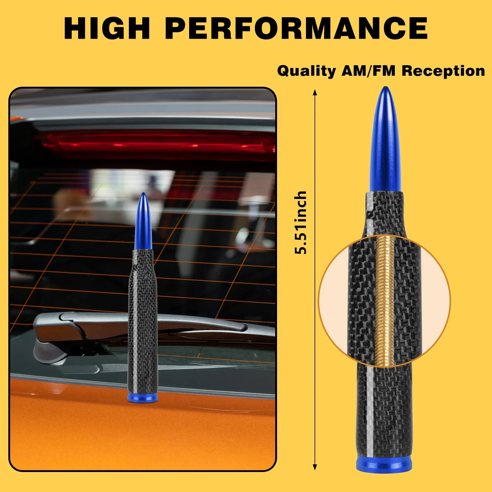 Universal Carbon Fiber 50 Cal Bullet Short Truck Antenna Fits for All Chevy GMC Ford Jeep Dodge Toyota 5.5" AM/FM Radio Antenna for All Truck Car Accessories(Blue+Carbon Fiber) Blue+Carbon Fiber - Image 5