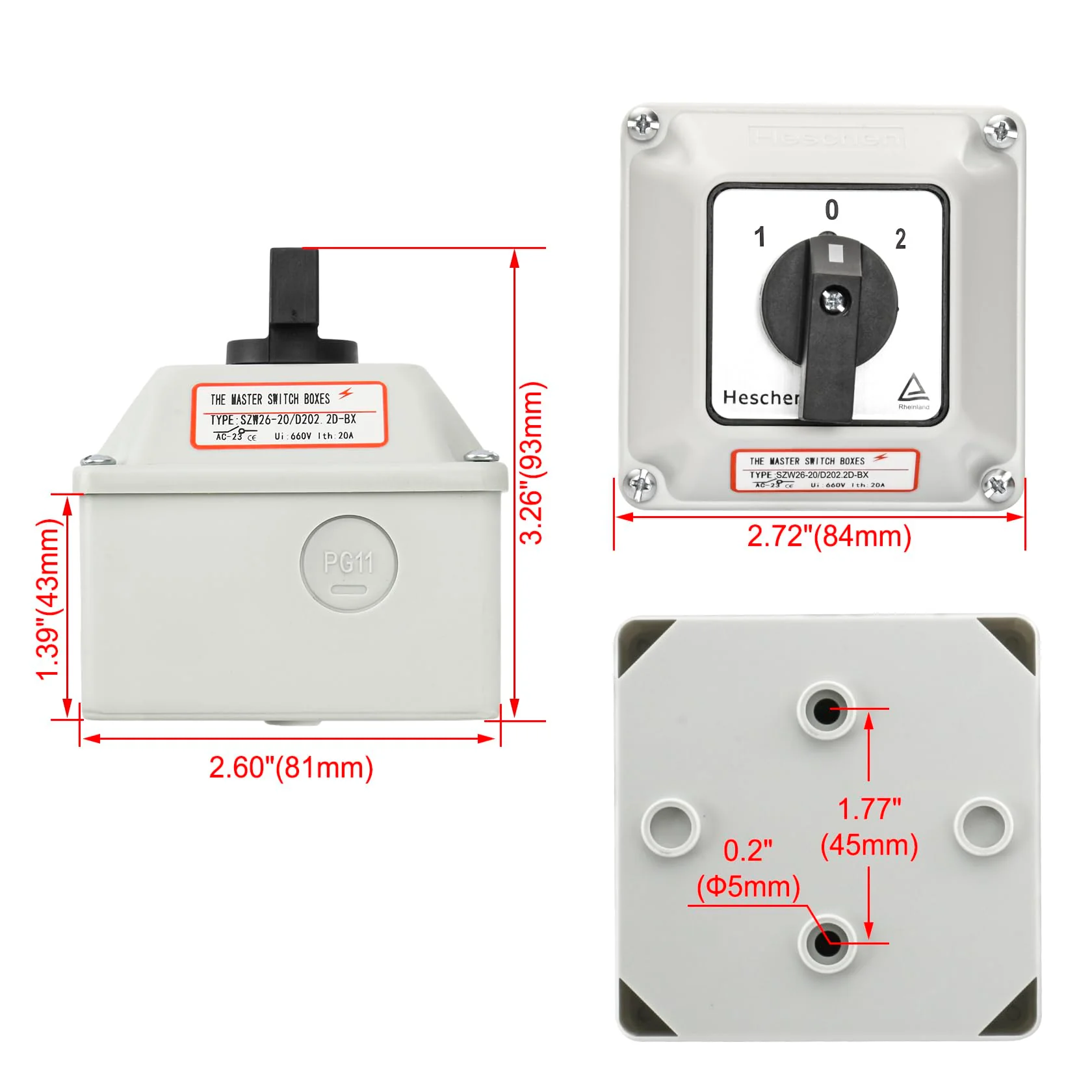 Universal Rotary Cam Selector Changeover Switch, SZW26-20/D202.2D, 660V 20A, ON-Off-ON, 3 Position 2 Phase 8 Terminals, with Master Switch Exterior Box (Bigger Box) Bigger Box - Image 2