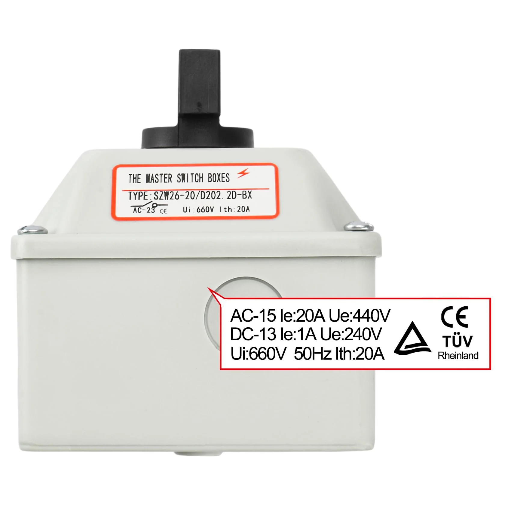 Universal Rotary Cam Selector Changeover Switch, SZW26-20/D202.2D, 660V 20A, ON-Off-ON, 3 Position 2 Phase 8 Terminals, with Master Switch Exterior Box (Bigger Box) Bigger Box - Image 4