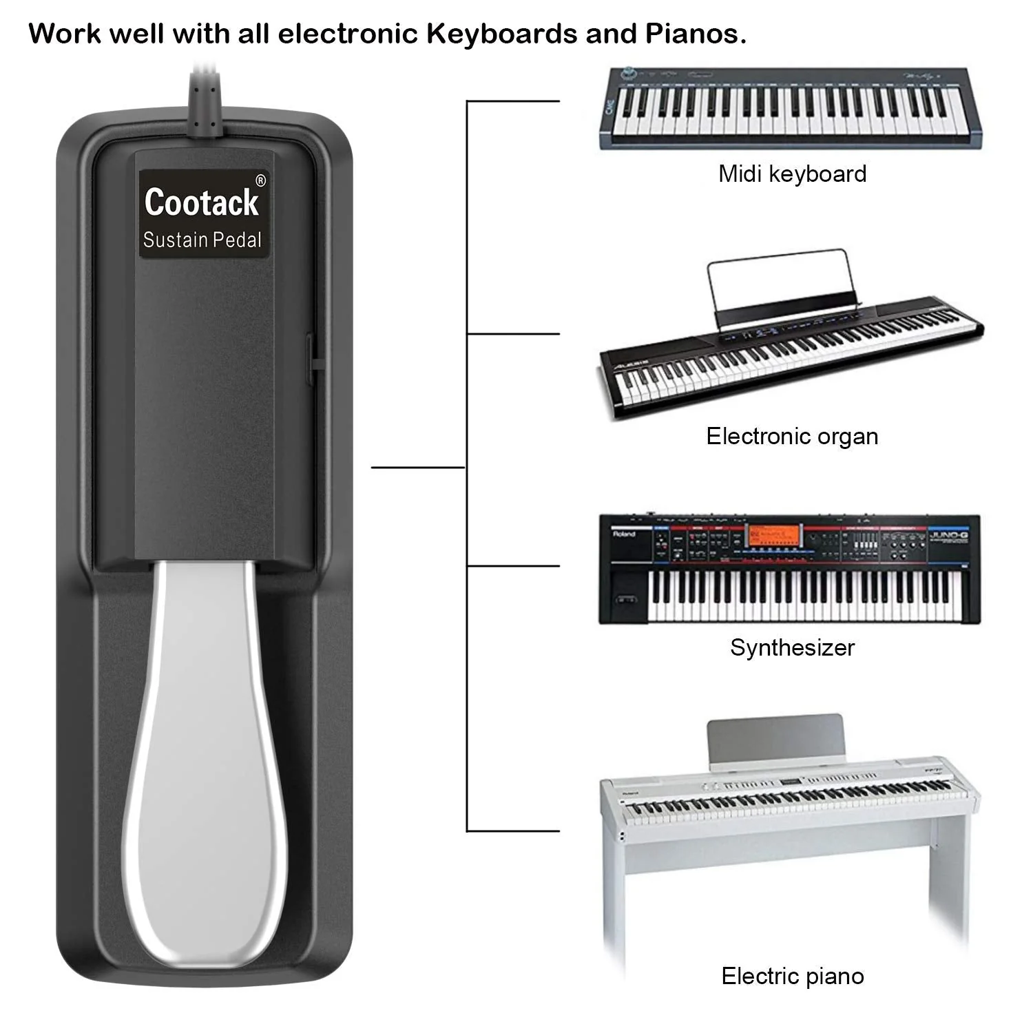 Universal Sustain Pedal Suitable for Yamaha Casio Roland Electronic Keyboards, Digital Piano & More Silver - Image 5