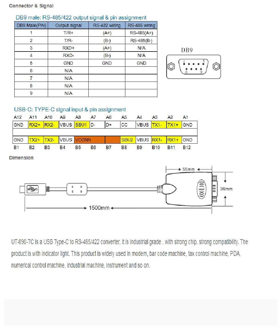 UOTEK UTEK UT-890-TC USB Type-C to RS-485/422 Serial Converter with ESD Protection - Image 7