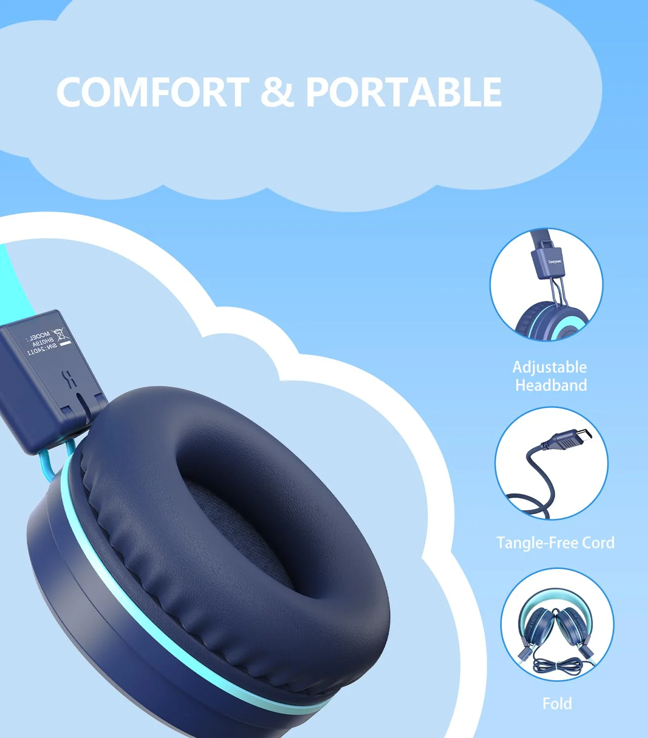 Upgrade USB Type C Kids Headphone for School, 94dB Safe Volume Limited, HD Stereo Sound, Foldable Lightweight On-Ear Headphones for Boys/Girls/Students/Tablet/Travel (Dark Blue) Dark Blue - Image 6