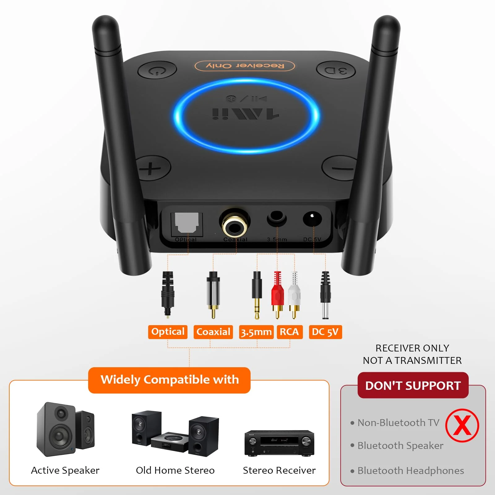 [Upgraded] 1Mii B06Pro Long Range Bluetooth Receiver, HiFi Wireless Audio Adapter, Bluetooth 5.3 Receiver with 3D Surround aptX HD Low Latency Optical RCA AUX 3.5mm Coaxial for Home Stereo System B06Pro Black - Image 5