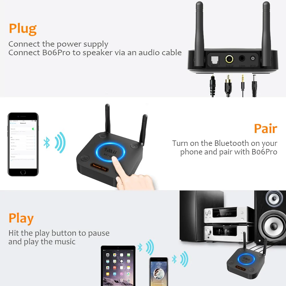 [Upgraded] 1Mii B06Pro Long Range Bluetooth Receiver, HiFi Wireless Audio Adapter, Bluetooth 5.3 Receiver with 3D Surround aptX HD Low Latency Optical RCA AUX 3.5mm Coaxial for Home Stereo System B06Pro Black - Image 6