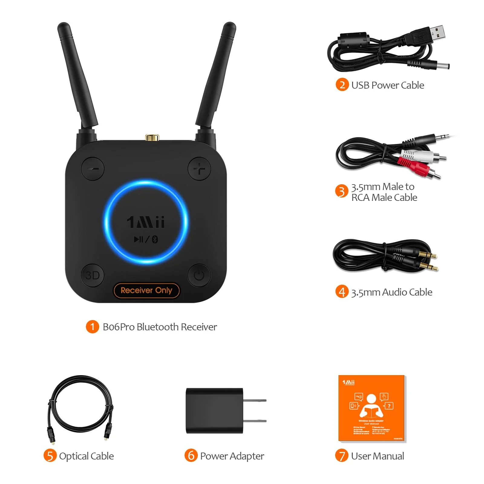 [Upgraded] 1Mii B06Pro Long Range Bluetooth Receiver, HiFi Wireless Audio Adapter, Bluetooth 5.3 Receiver with 3D Surround aptX HD Low Latency Optical RCA AUX 3.5mm Coaxial for Home Stereo System B06Pro Black - Image 8