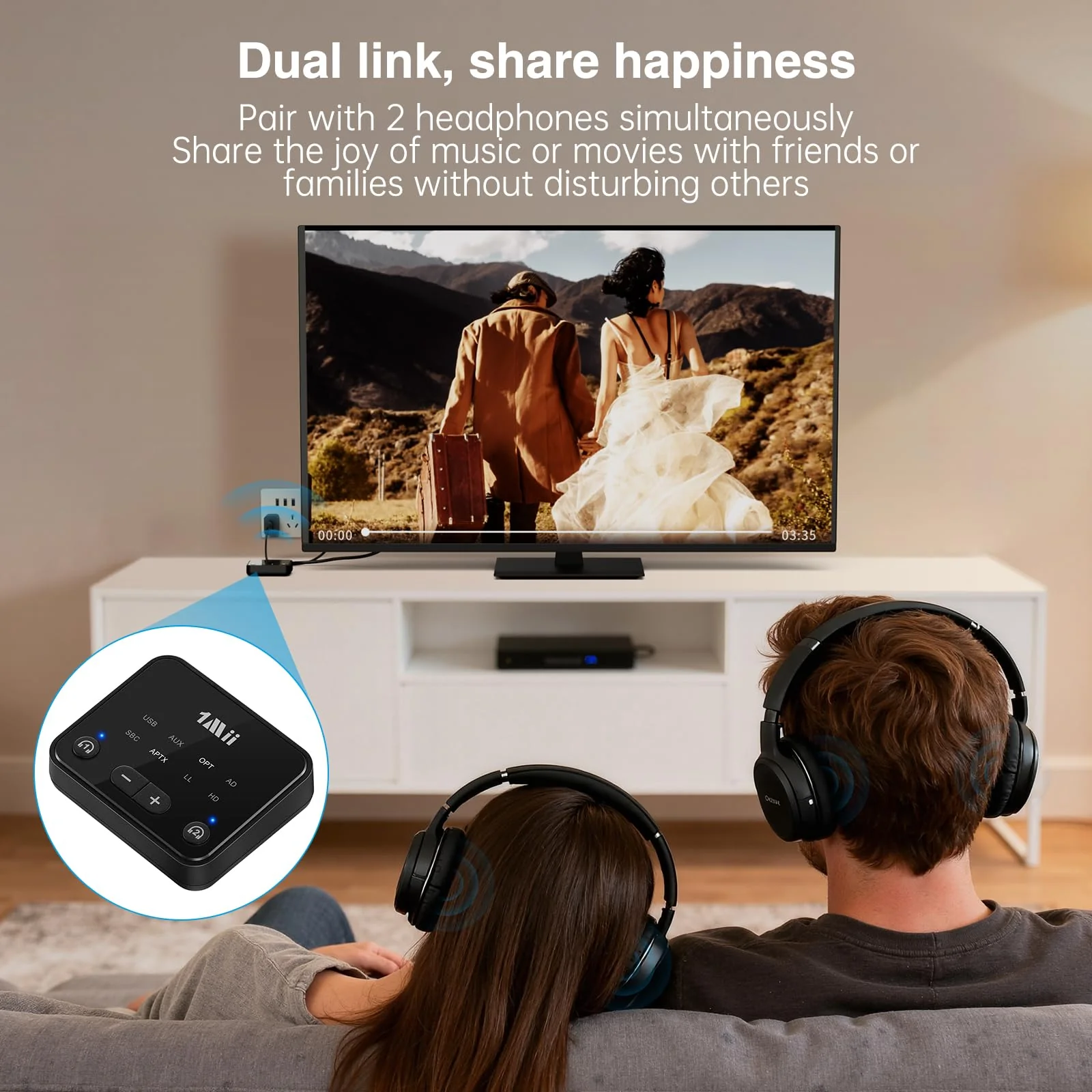 [Upgraded] 1Mii Bluetooth 5.3 Transmitter for TV to 2 Wireless Headphones/Speakers, 100ft Long Range Bluetooth Adapter for TV w/Volume Control, Optical/USB/AUX/RCA Audio Inputs, aptX Adaptive & HD - Image 2