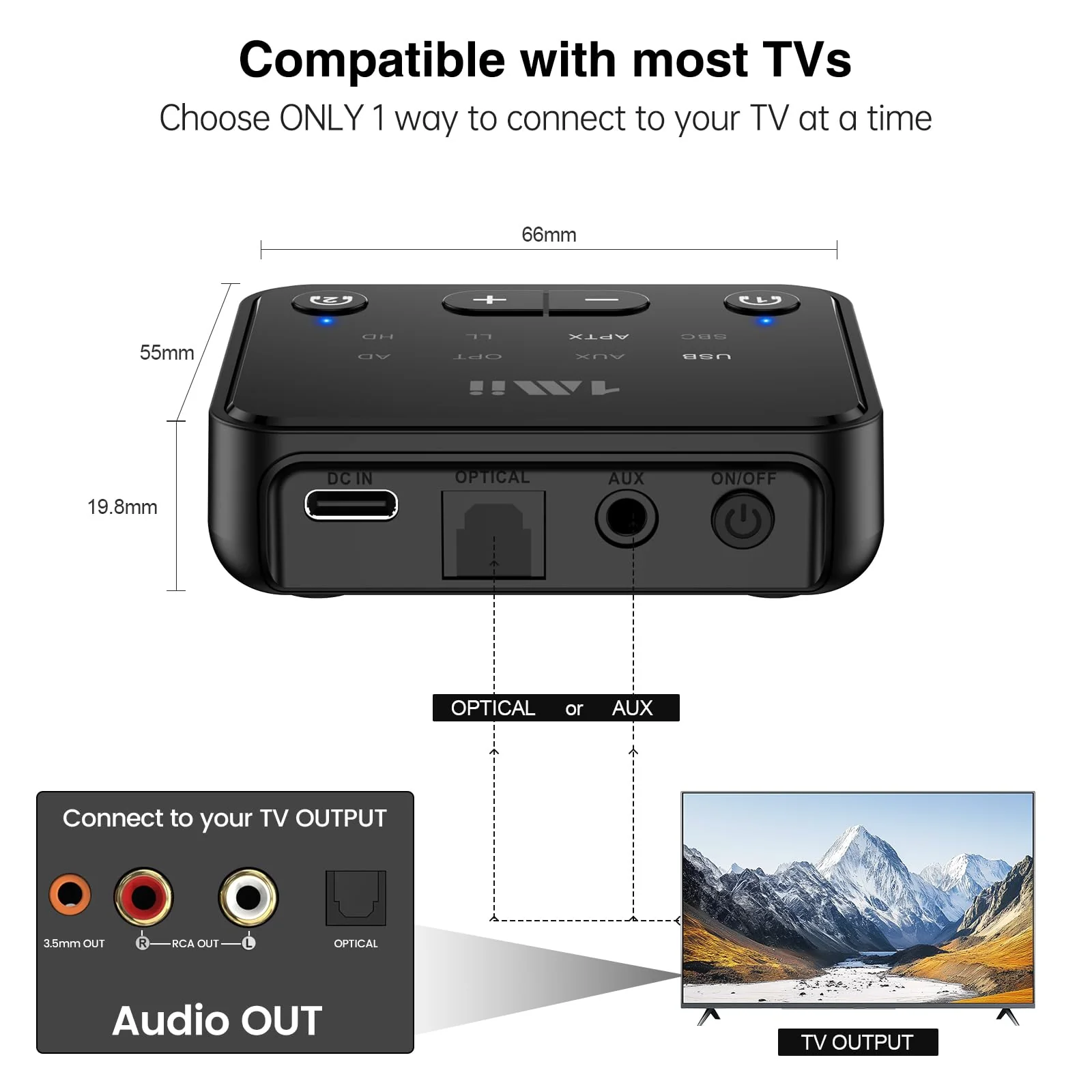 [Upgraded] 1Mii Bluetooth 5.3 Transmitter for TV to 2 Wireless Headphones/Speakers, 100ft Long Range Bluetooth Adapter for TV w/Volume Control, Optical/USB/AUX/RCA Audio Inputs, aptX Adaptive & HD - Image 3