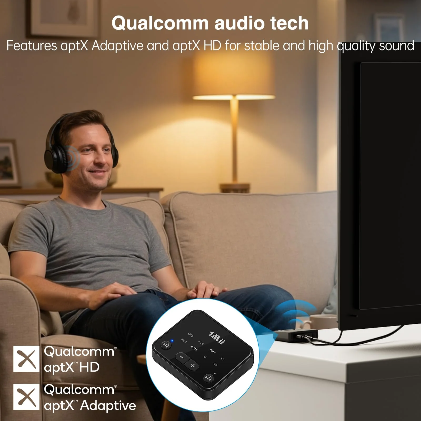 [Upgraded] 1Mii Bluetooth 5.3 Transmitter for TV to 2 Wireless Headphones/Speakers, 100ft Long Range Bluetooth Adapter for TV w/Volume Control, Optical/USB/AUX/RCA Audio Inputs, aptX Adaptive & HD - Image 5
