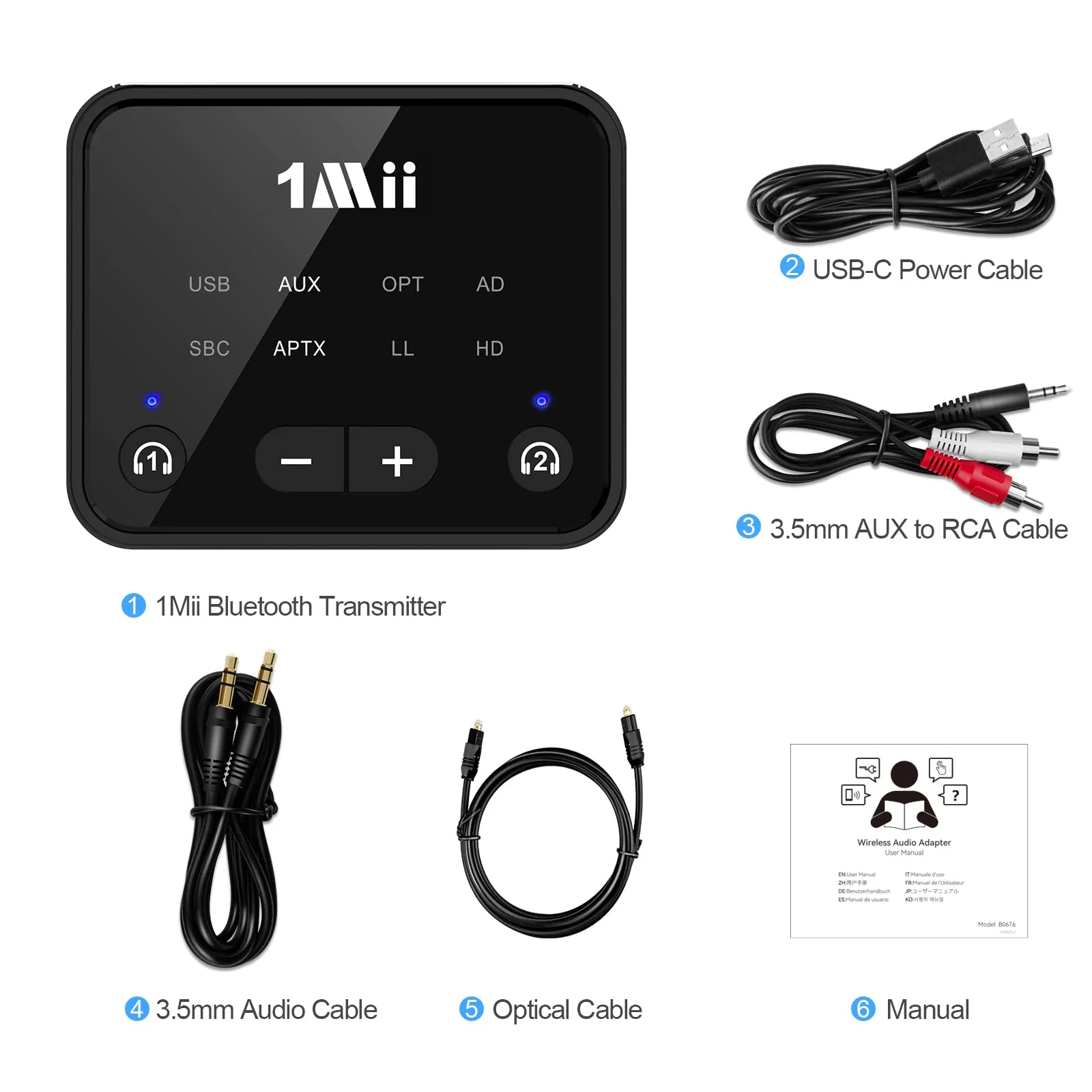 [Upgraded] 1Mii Bluetooth 5.3 Transmitter for TV to 2 Wireless Headphones/Speakers, 100ft Long Range Bluetooth Adapter for TV w/Volume Control, Optical/USB/AUX/RCA Audio Inputs, aptX Adaptive & HD - Image 8