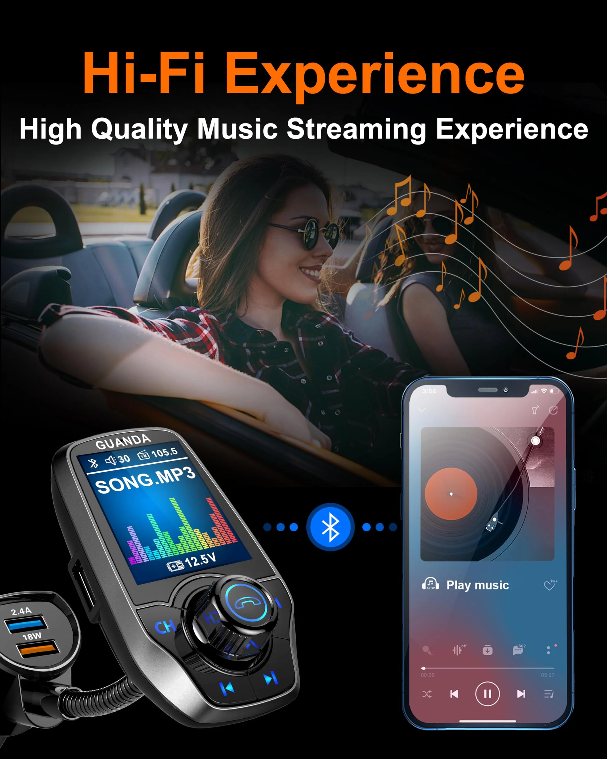 Upgraded Bluetooth 5.3 FM Transmitter for Car, Wireless Radio Adapter Kit W 1.8" Color Display Hands-Free Call AUX in/Out SD/TF Card USB Fast Charging 18W for All Smartphones Audio Players - Pewter 18W/5V-Pewter - Image 2