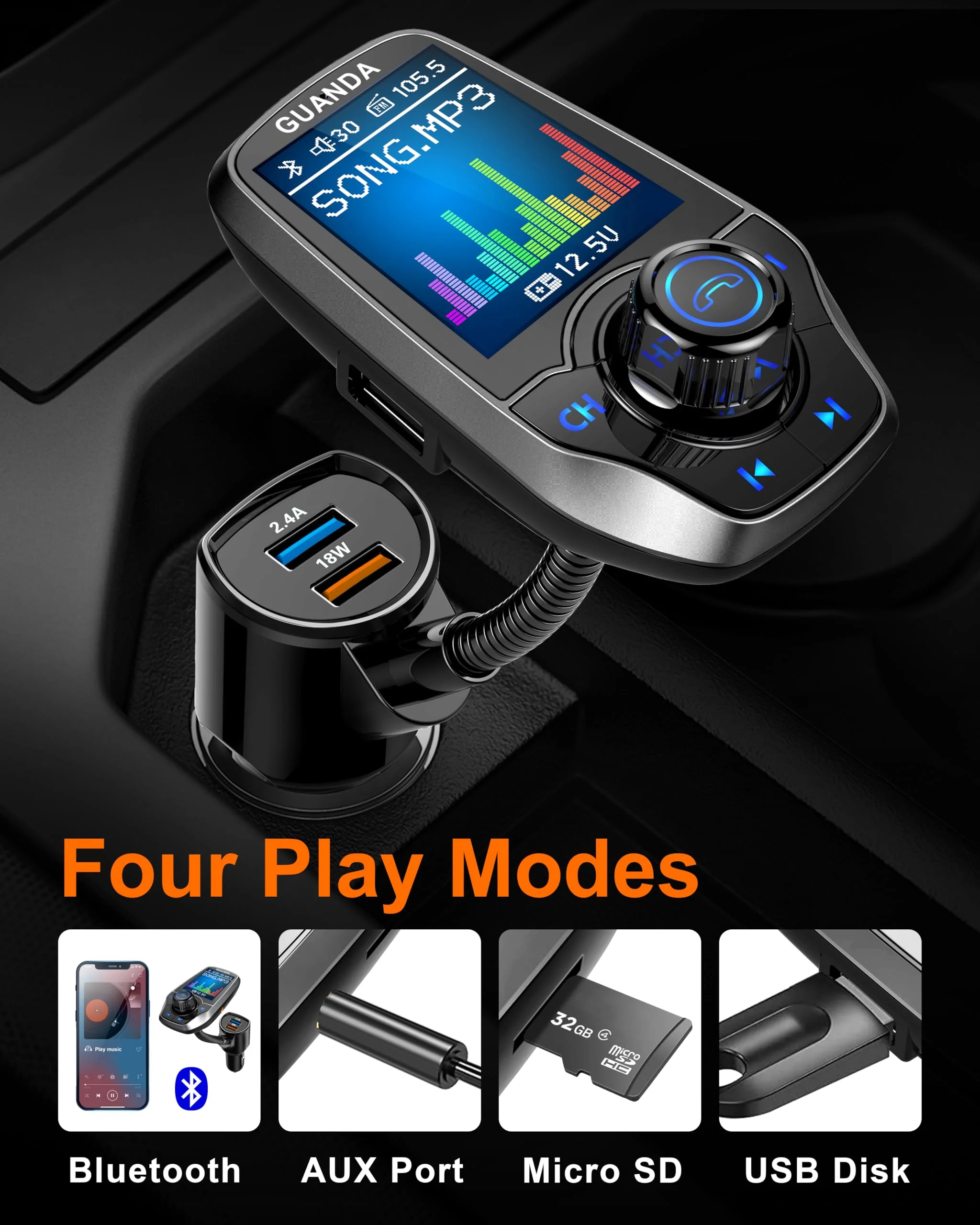 Upgraded Bluetooth 5.3 FM Transmitter for Car, Wireless Radio Adapter Kit W 1.8" Color Display Hands-Free Call AUX in/Out SD/TF Card USB Fast Charging 18W for All Smartphones Audio Players - Pewter 18W/5V-Pewter - Image 3
