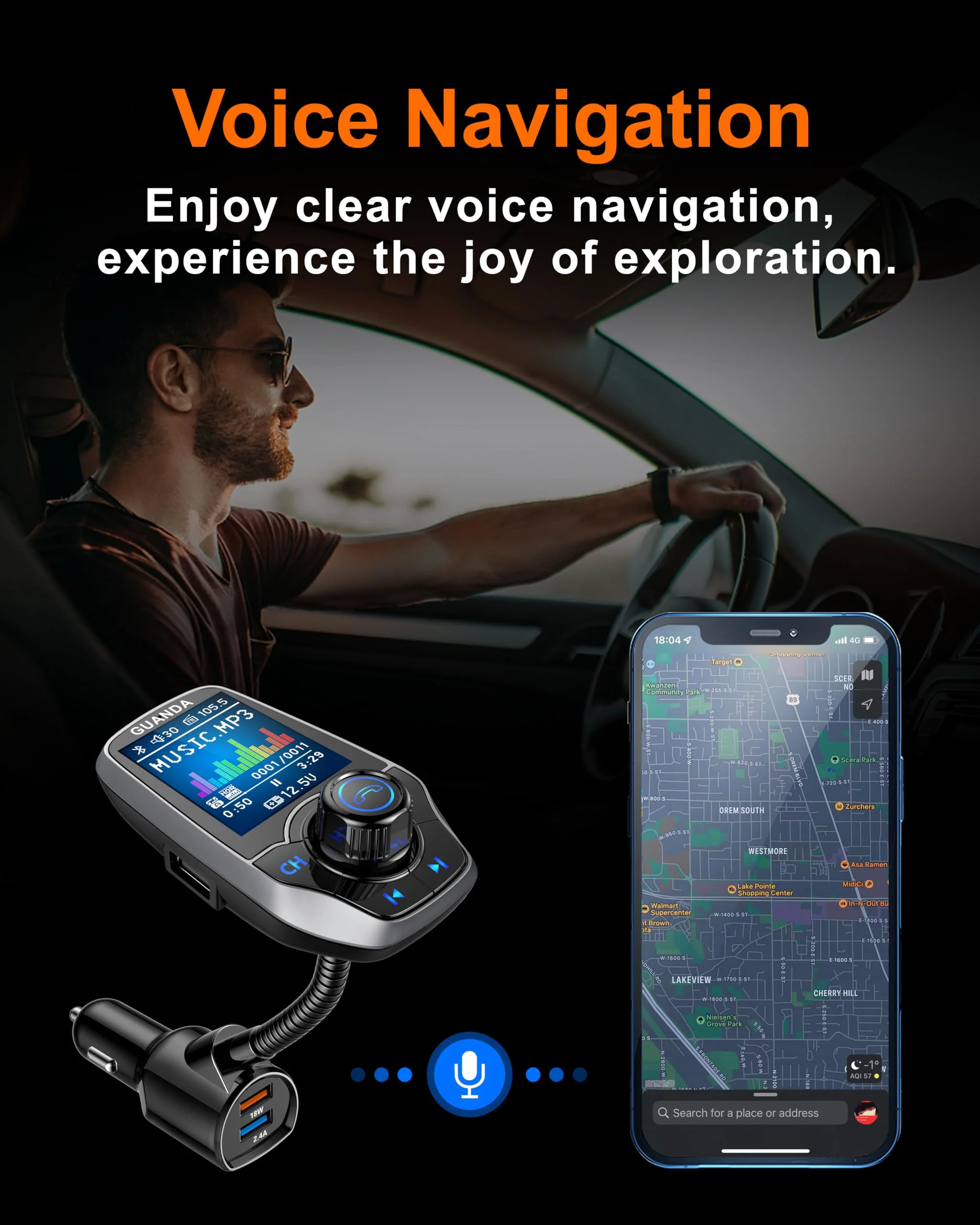 Upgraded Bluetooth 5.3 FM Transmitter for Car, Wireless Radio Adapter Kit W 1.8" Color Display Hands-Free Call AUX in/Out SD/TF Card USB Fast Charging 18W for All Smartphones Audio Players - Pewter 18W/5V-Pewter - Image 6