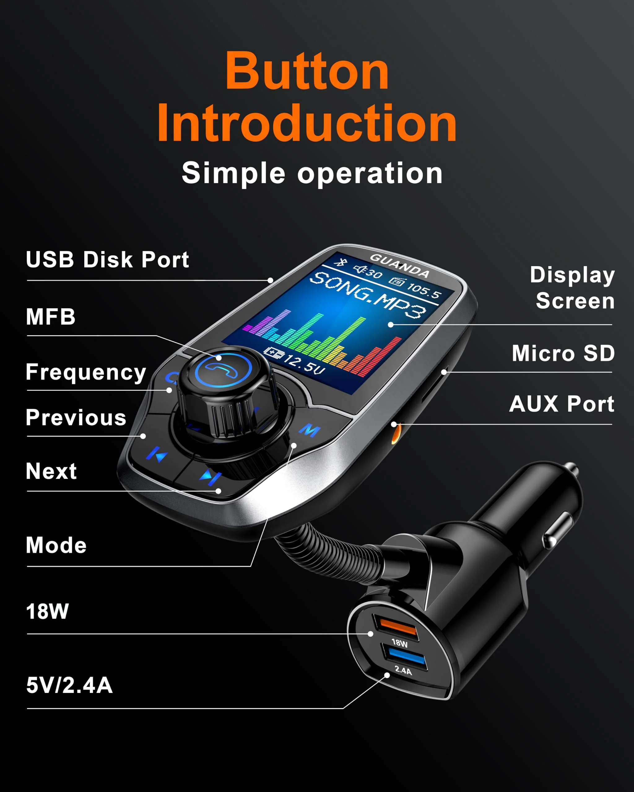 Upgraded Bluetooth 5.3 FM Transmitter for Car, Wireless Radio Adapter Kit W 1.8" Color Display Hands-Free Call AUX in/Out SD/TF Card USB Fast Charging 18W for All Smartphones Audio Players - Pewter 18W/5V-Pewter - Image 7
