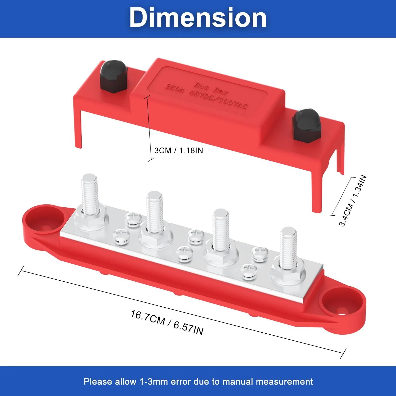 Upgraded Bus Bar 250A 12V Power Distribution Block with 5/16" (M8) 4-Posts Terminals Block with Cover for Automotive, Marine, Battery System (Black & Red) Upgrade250A-5/16''(M8) Black & Red - Image 6