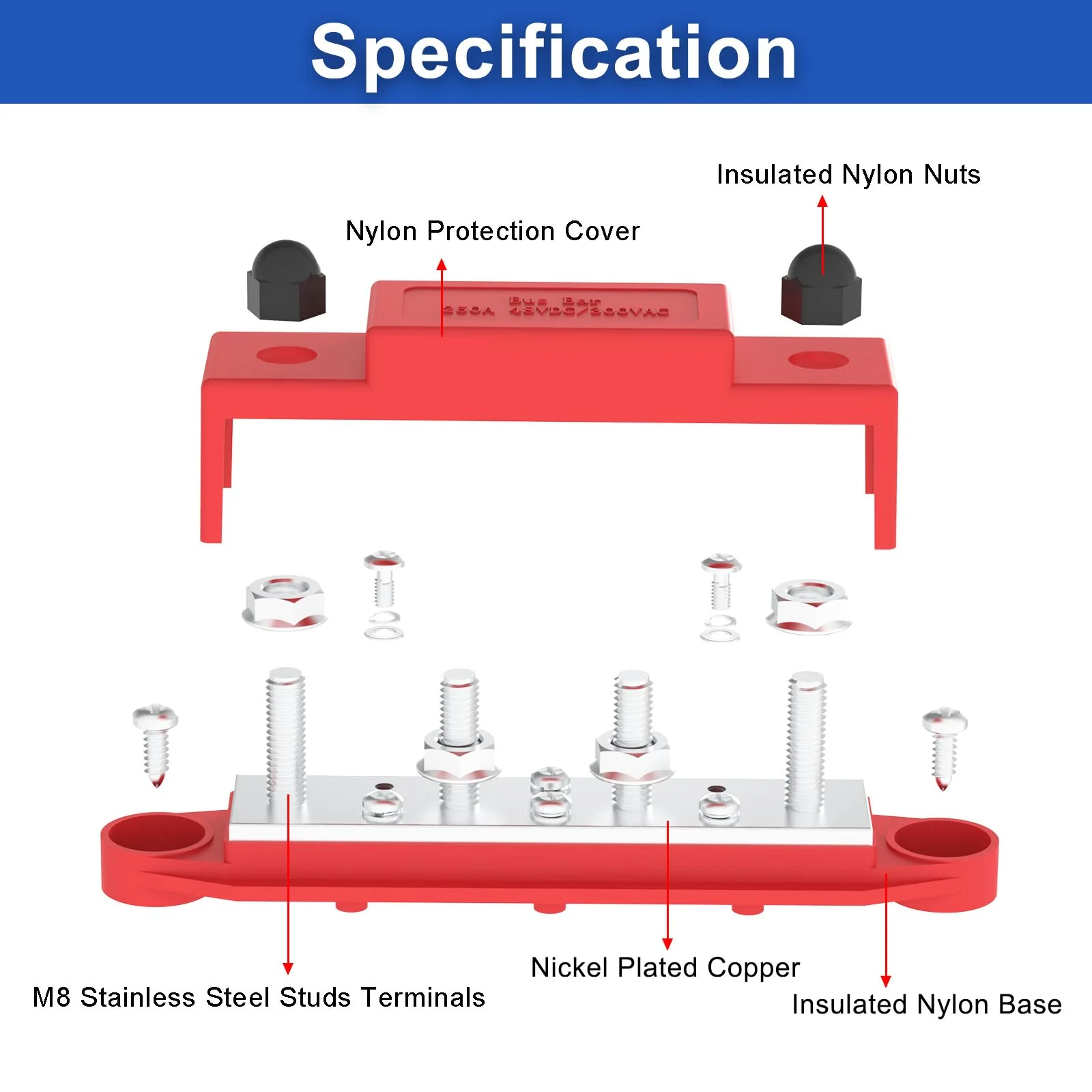 Upgraded Bus Bar 250A 12V Power Distribution Block with 5/16" (M8) 4-Posts Terminals Block with Cover for Automotive, Marine, Battery System (Black & Red) Upgrade250A-5/16''(M8) Black & Red - Image 8