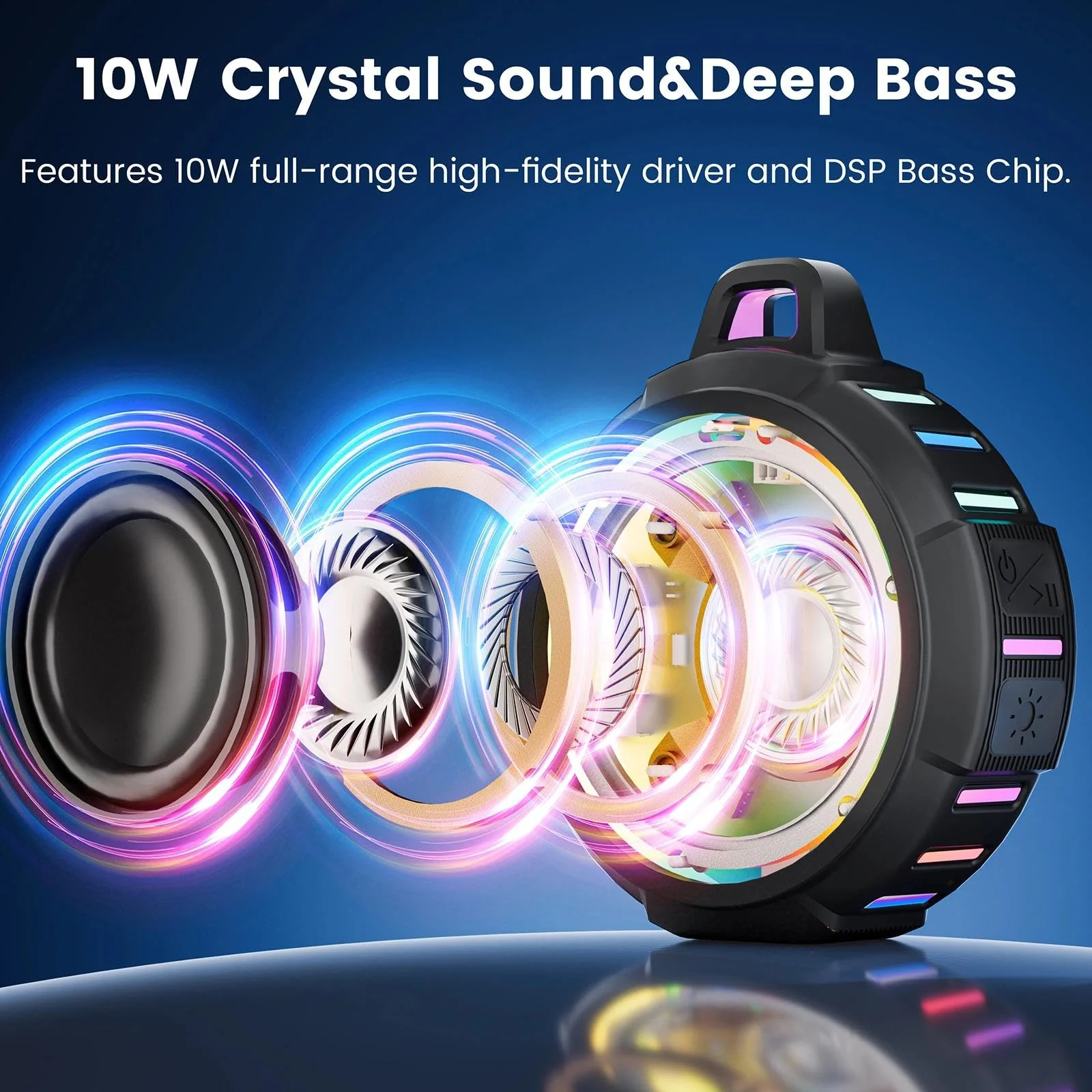 Upgraded, IP67 Waterproof Bluetooth Speaker, Silicone Case,10W Pro Sound&Deep Bass,24H Playtime, with Lights,Clip,Floating,for Shower,Beach essentials, Kayak Paddle Board Boat Lake Camping accessories A-Black - Image 2