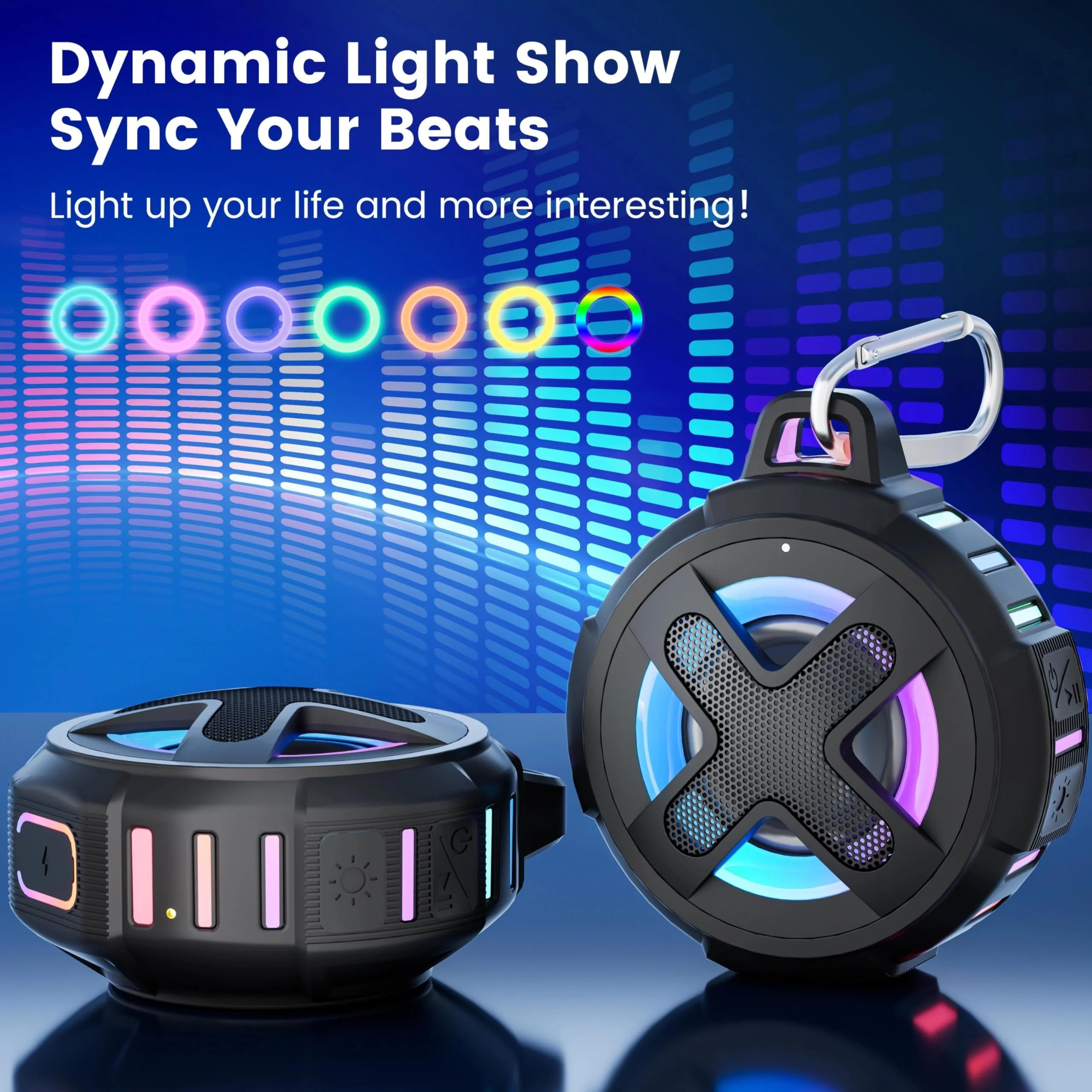 Upgraded, IP67 Waterproof Bluetooth Speaker, Silicone Case,10W Pro Sound&Deep Bass,24H Playtime, with Lights,Clip,Floating,for Shower,Beach essentials, Kayak Paddle Board Boat Lake Camping accessories A-Black - Image 4