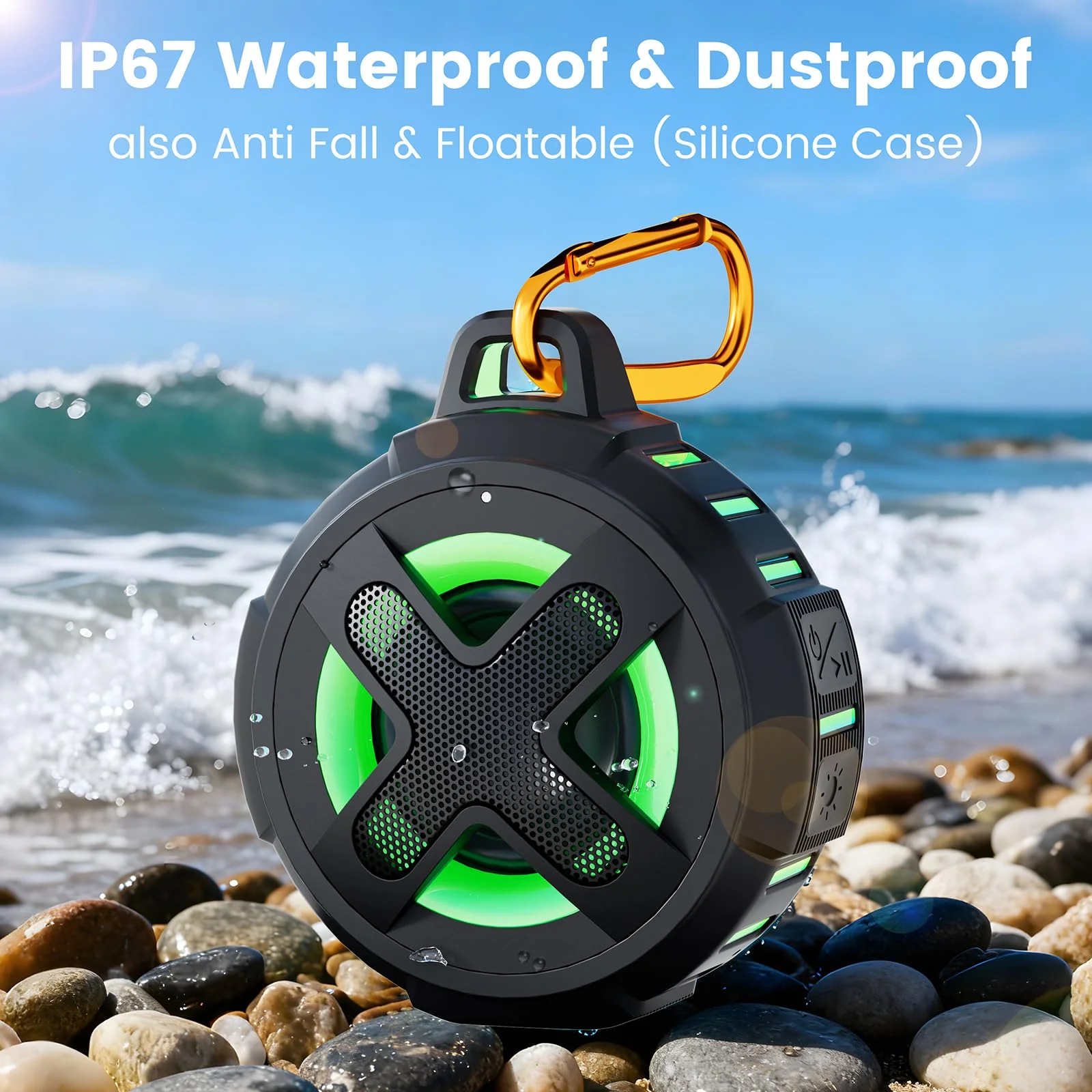 Upgraded, IP67 Waterproof Bluetooth Speaker, Silicone Case,10W Pro Sound&Deep Bass,24H Playtime, with Lights,Clip,Floating,for Shower,Beach essentials, Kayak Paddle Board Boat Lake Camping accessories A-Black - Image 6
