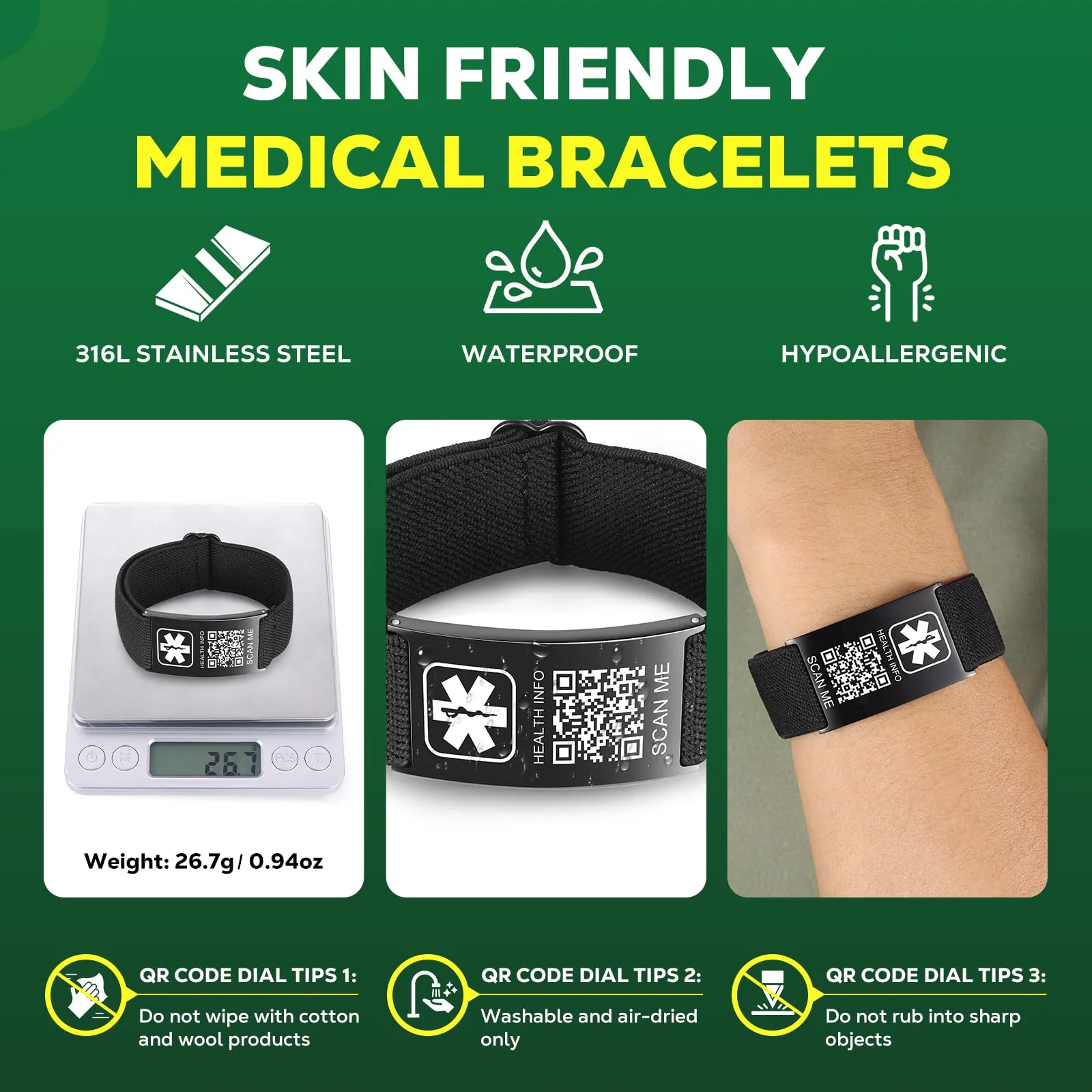 Upgraded Medical Bracelets Men Women with QR Code Medical Alert ID Bracelets - Titanium Steel Wristband Fits Wrists Up 8''-10'' - More Space Custom Emergency Med ID Info Black-Stretch nylon rope - Image 2