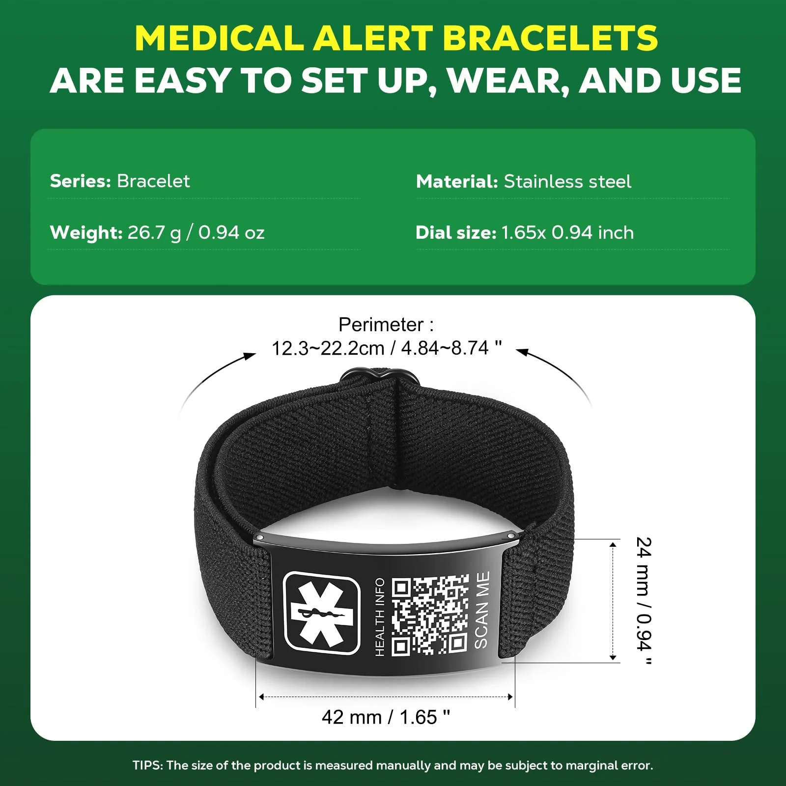 Upgraded Medical Bracelets Men Women with QR Code Medical Alert ID Bracelets - Titanium Steel Wristband Fits Wrists Up 8''-10'' - More Space Custom Emergency Med ID Info Black-Stretch nylon rope - Image 3