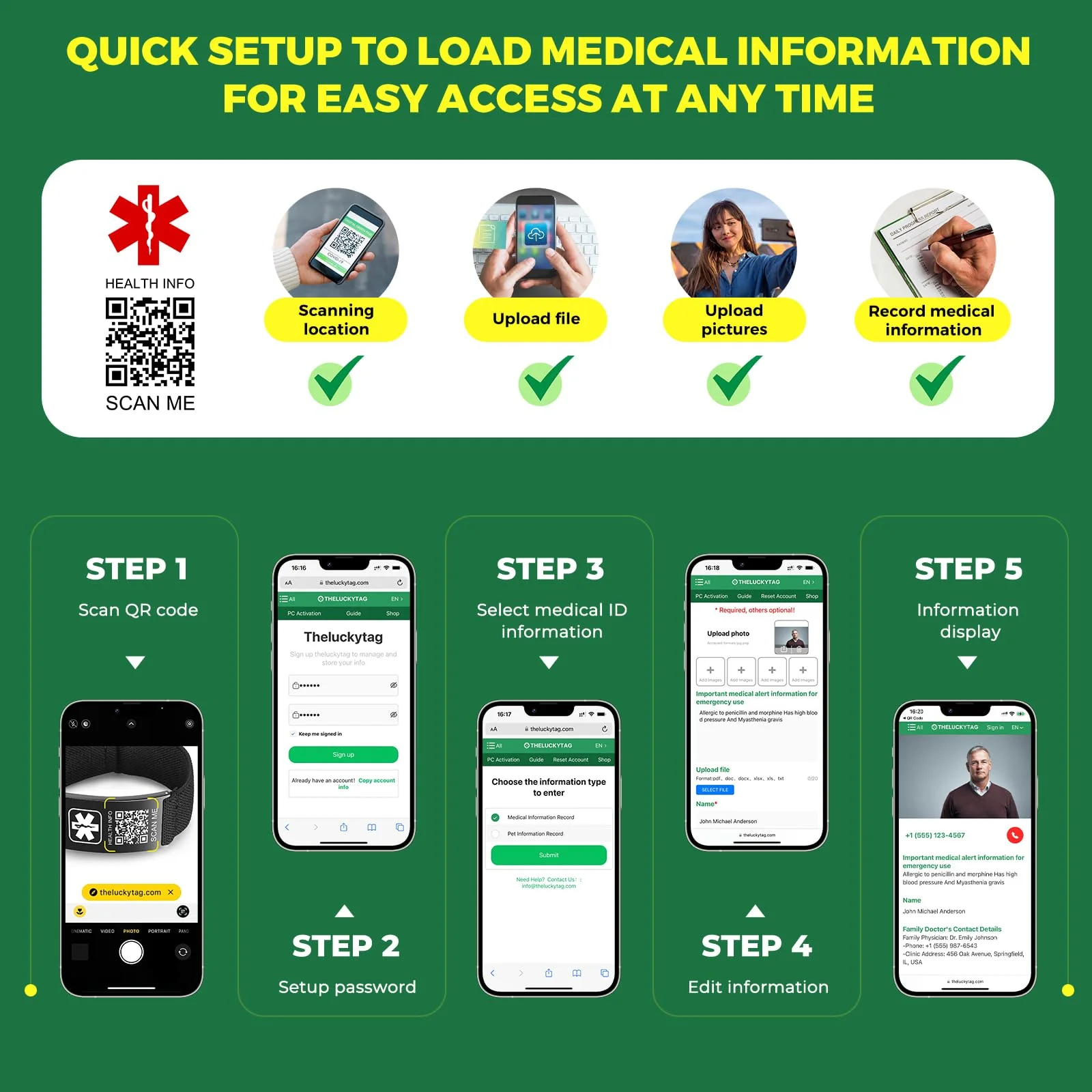 Upgraded Medical Bracelets Men Women with QR Code Medical Alert ID Bracelets - Titanium Steel Wristband Fits Wrists Up 8''-10'' - More Space Custom Emergency Med ID Info Black-Stretch nylon rope - Image 5
