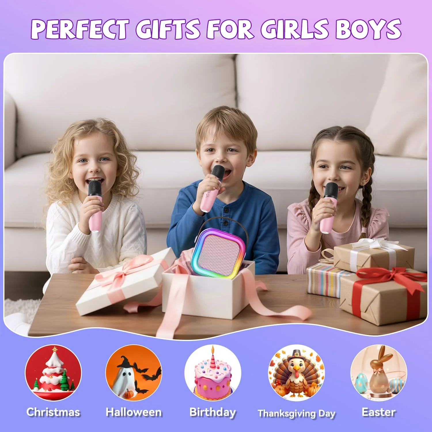 Upgraded Mini Karaoke Machine with 3 Wireless Microphones for Kids Girls Boys - Karaoke Party Speaker Christmas Birthday Gifts for 4 5 6 7 8 9 10 11+ Year Old - Kids' Instrument Accessories - Pink 3MIC-PINK - Image 2